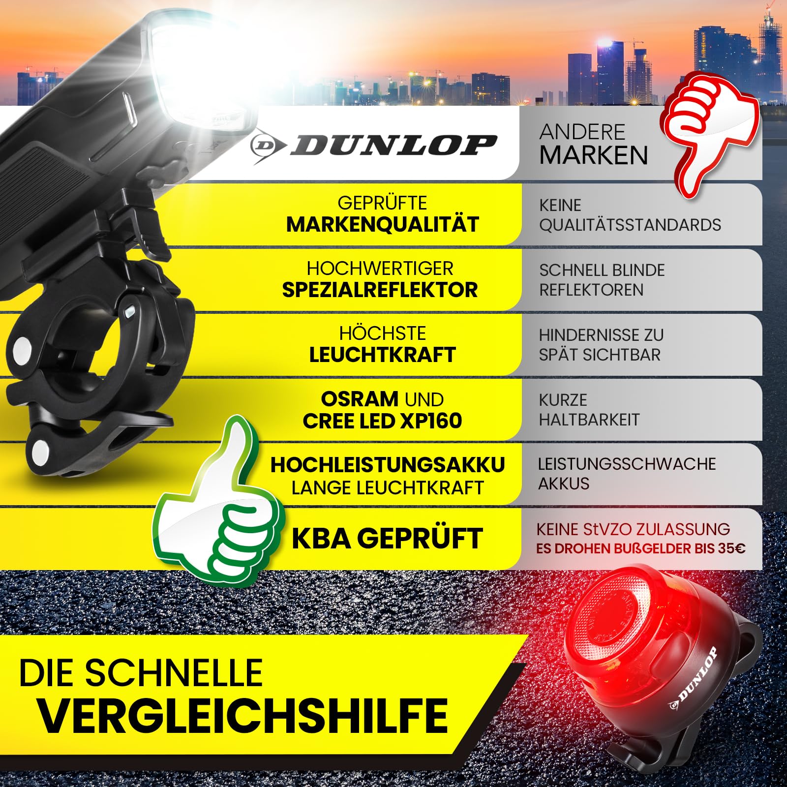 Dunlop Sports Fahrradlicht Set Fahrrad Licht - Extra helles LED mit Hochleistungs Akku