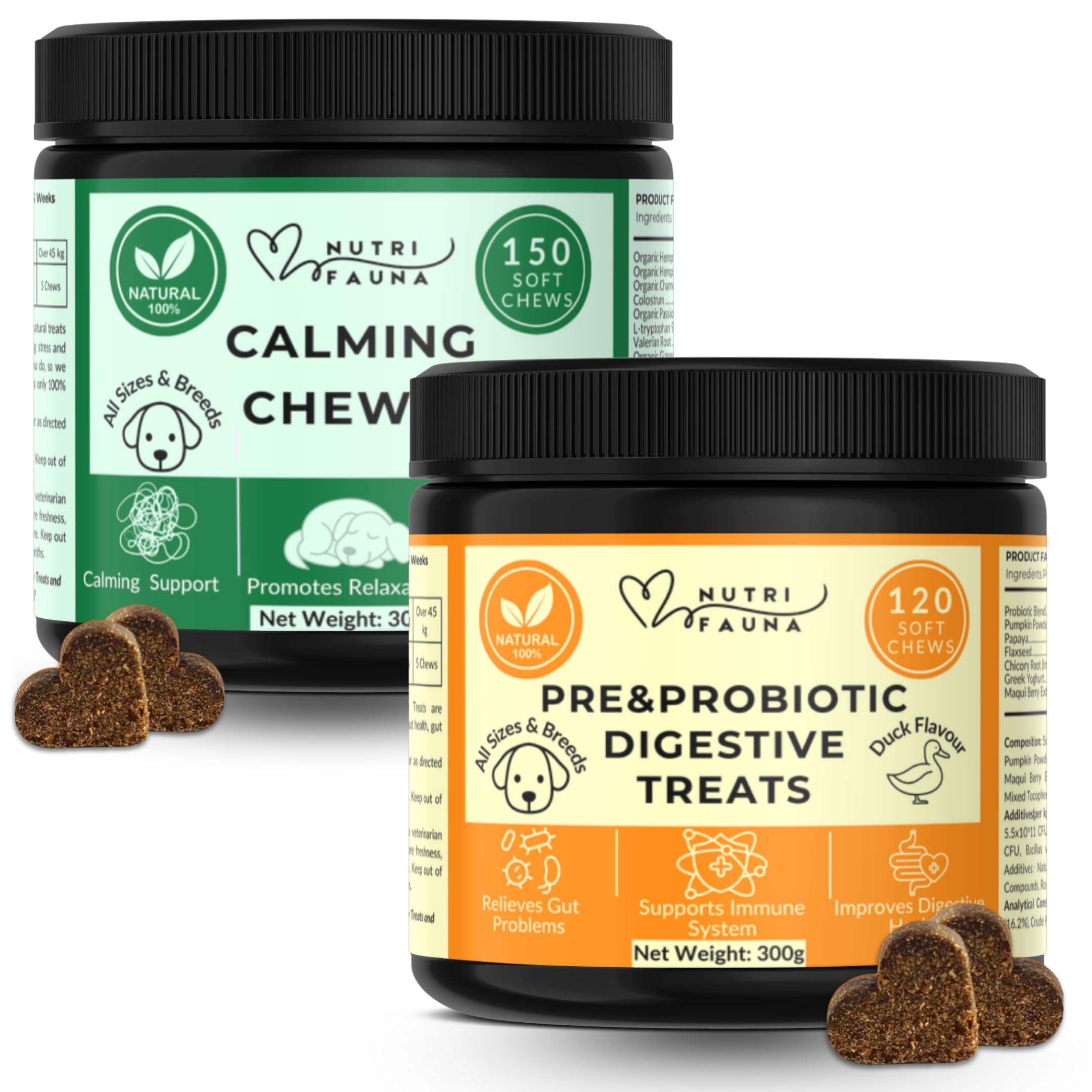 Nutri Fauna Pre&Probiotic Digestive Treats For Dogs - Gut Health, Sensitive Tums, Anal Glands, Scooting, Loose Stools All Breeds Dogs -120 Chews (Probiotic & Calming)