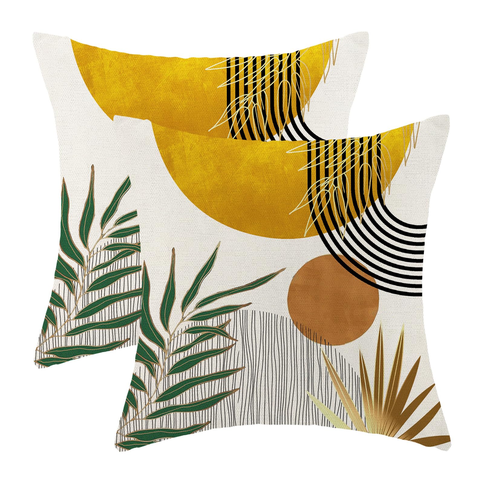 Boho Pillow Covers 18x18 Set of 2 Green Yellow Gold Sunset Throw Pillow Covers Outdoor Decoration Mid Century Bohemian Style Tropical Leaf Pillowcase
