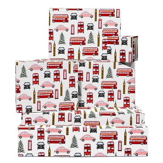 CENTRAL 23 Christmas Wrapping Paper for Women Men Boy Girl - 6 Sheets of Xmas GiftWrap - Winter - London - Buses - Christmas Tree - Presents Holiday - Red Green - Recyclable