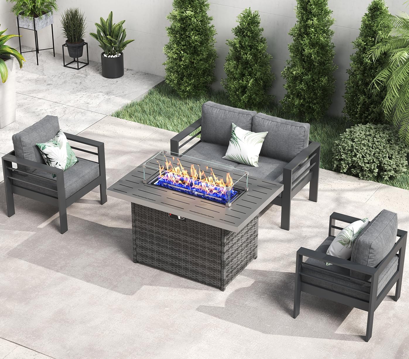 LayinSun Aluminum Furniture Set with Fire Pit Table, 4 Pieces Patio Sectional Conversation Chat Sofa Modern Seating Set