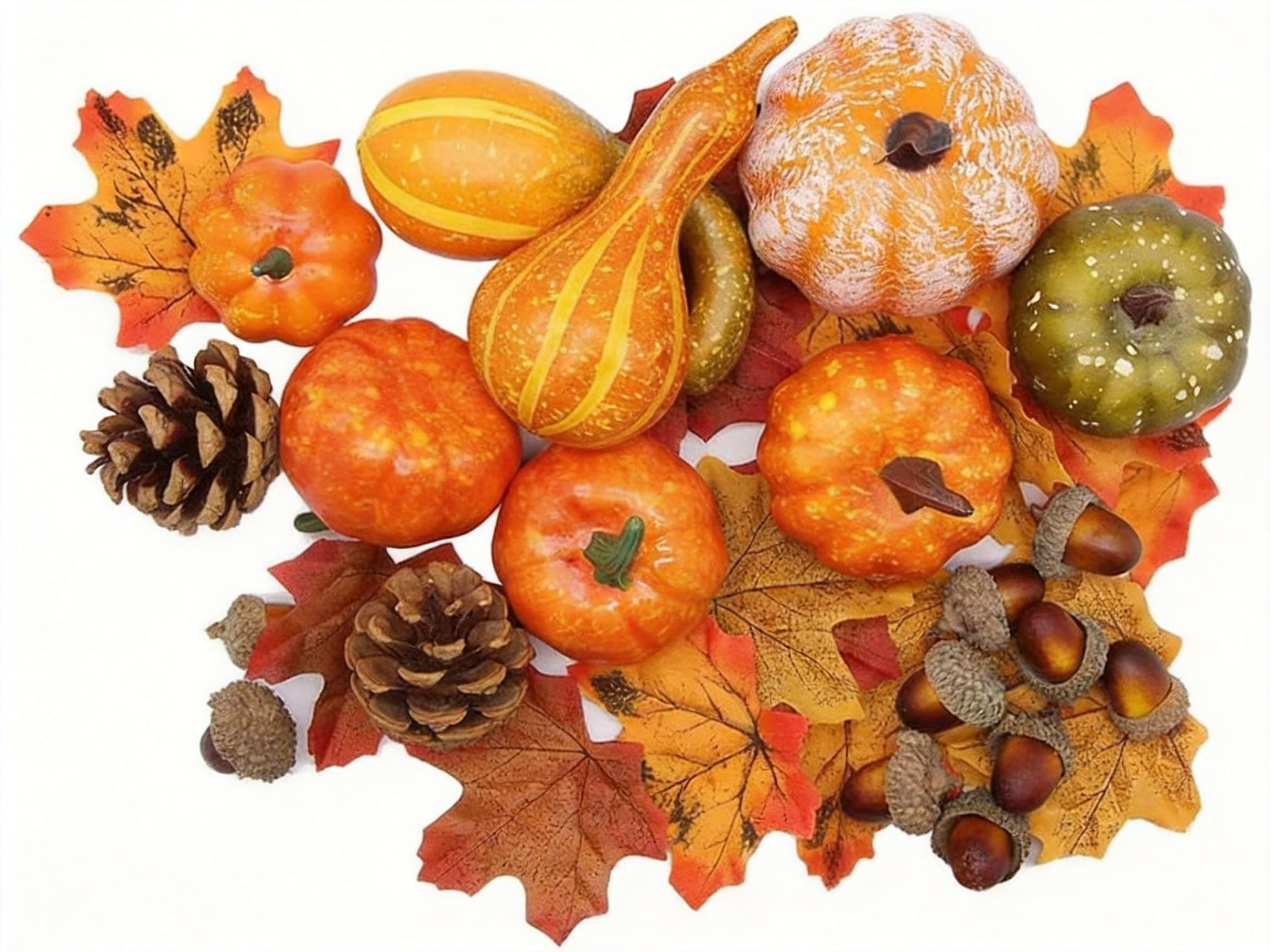 Zhiyu128Pcs Artificial Pumpkins Autumn Decorations Set, Halloween Fake Pumpkin, Fall Leaves, Pine Cones, Gourd, Small Acorns for Thanksgiving Halloween Fall Home Harvest Table Decorations