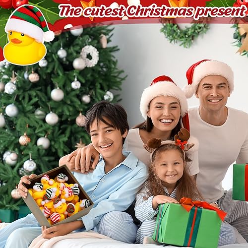 Vista 12 de Liliful 48 patos de goma de Navidad con sombrero, mini patos de goma de Navidad a granel, regalos de fiesta navideña, juguetes de baño