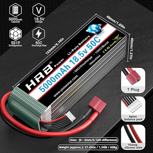 Miniatura 2 de HRB 5S Lipo Batería 18.5V 5000mAh 50C T RC Lipo Batería Compatible con RC Helicóptero Avión Coche Barco Camión