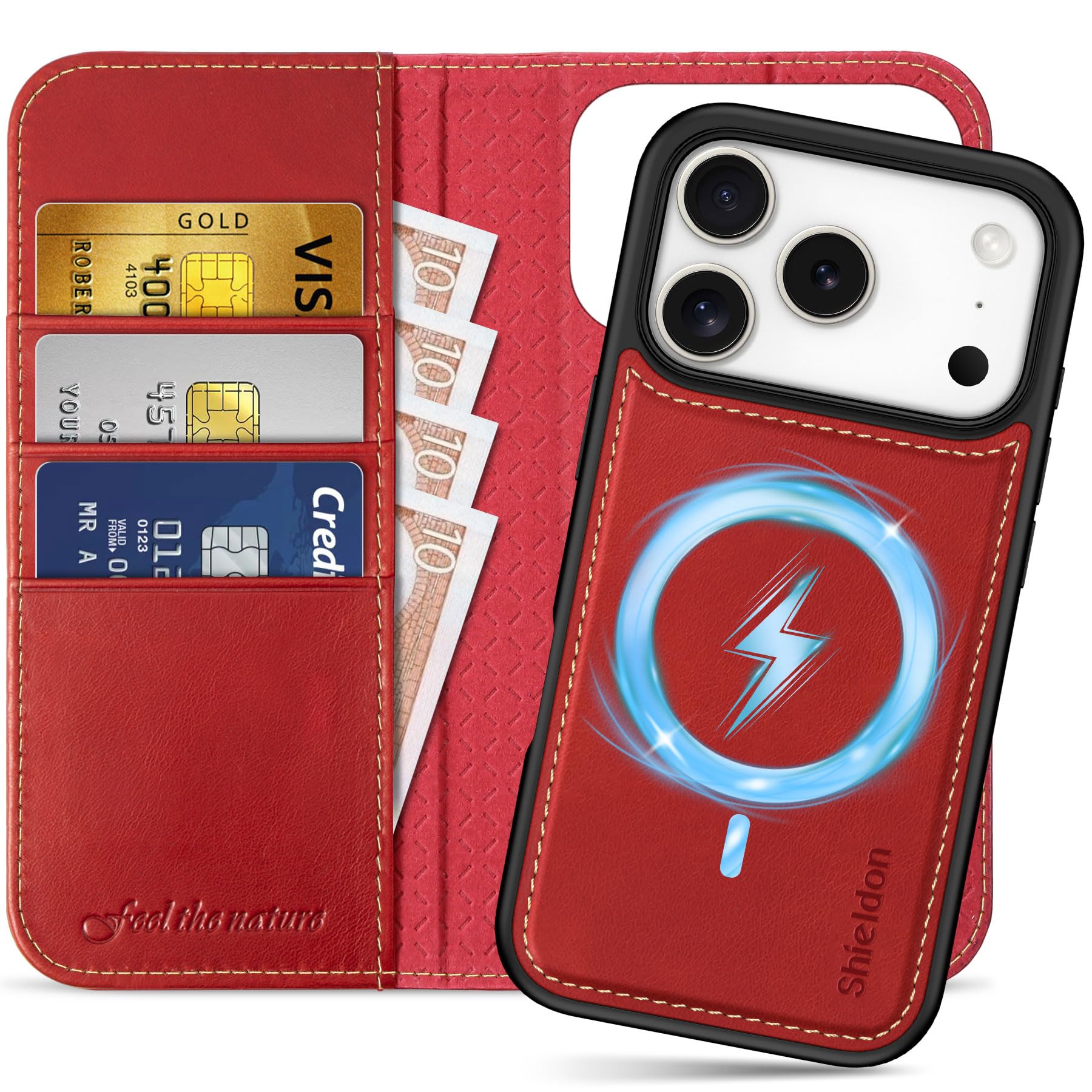 SHIELDON 2 in 1 Leather Case Wallet for iPhone 18 Pro/17 Pro, Retro Red