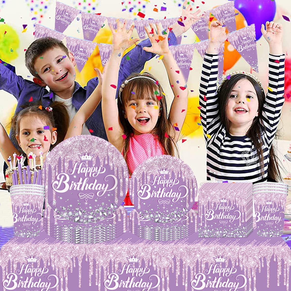 Diamentowe naczynia urodzinowe dla dzieci, zestaw naczyń imprezowych Happy Birthday, zastawa na imprezę urodzinową dla dzieci, 92 sztuki naczyń imprezowych na urodziny dziecka, dekoracja, 10