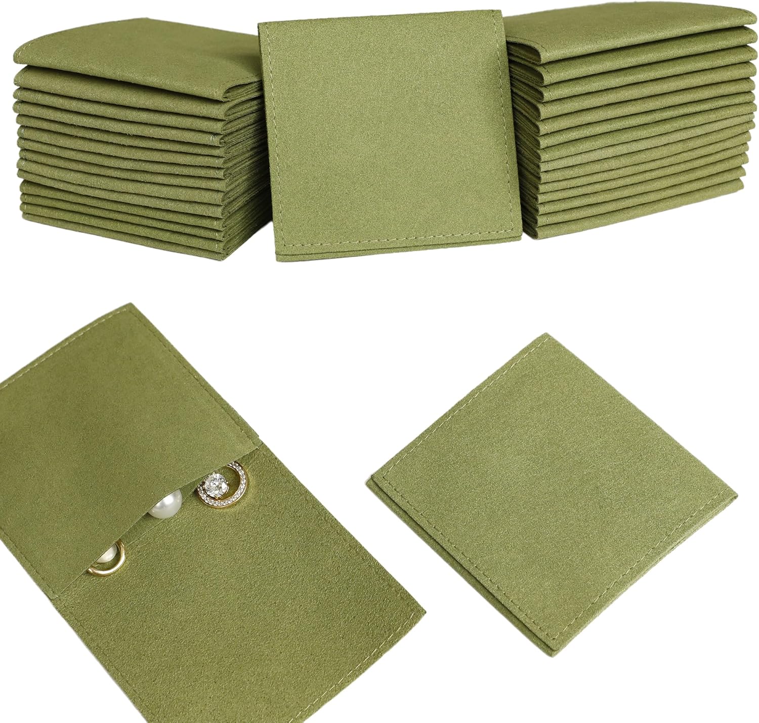 40pcs Green Microfiber Jewelry Pouch 8 x 8cm Jewelry Packaging Bag Envelope Style Luxury Small Favor Bags Jewelry Gift Bags for Earrings Necklaces Bracelet Ring