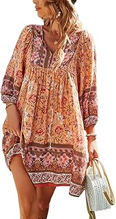 TEMOFON Women's Boho Mini Dress: Summer Floral 3/4 Long Sleeve V Neck Flowy Loose Casual Beach Dresses