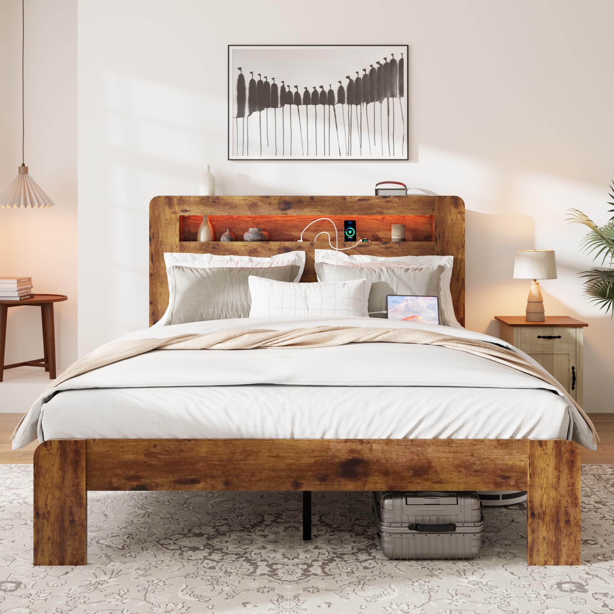 Bed Frame King Size Wood Platform Bed Frames with Storage Headboard and Under Bed Storage Led Light and