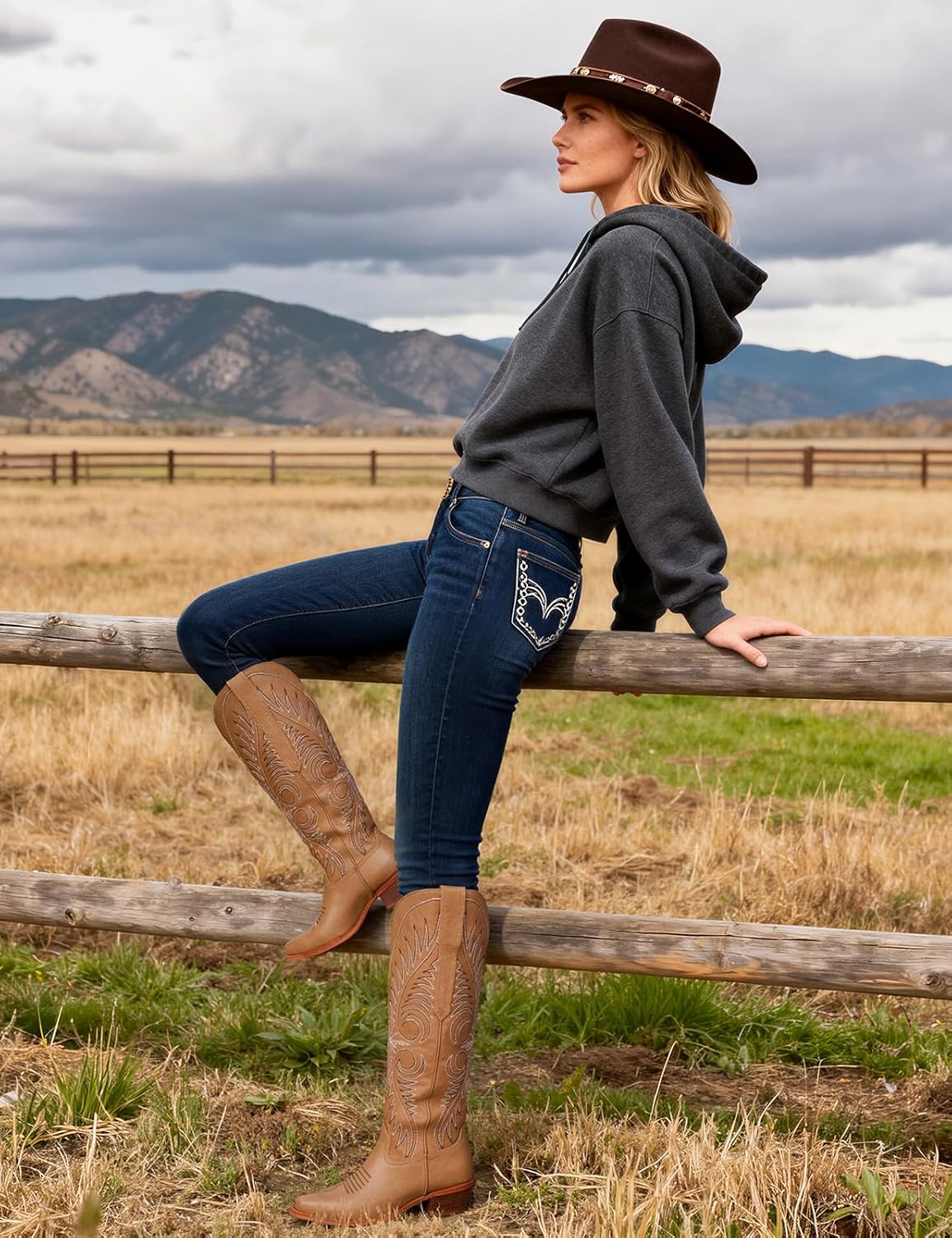 Modatope Cowboy Boots for Women Knee High Cowgirl Boots Embroidered Pointed Toe Chunky Heel Western Boots Pull On Wide Calf Tall Boot - Image 2