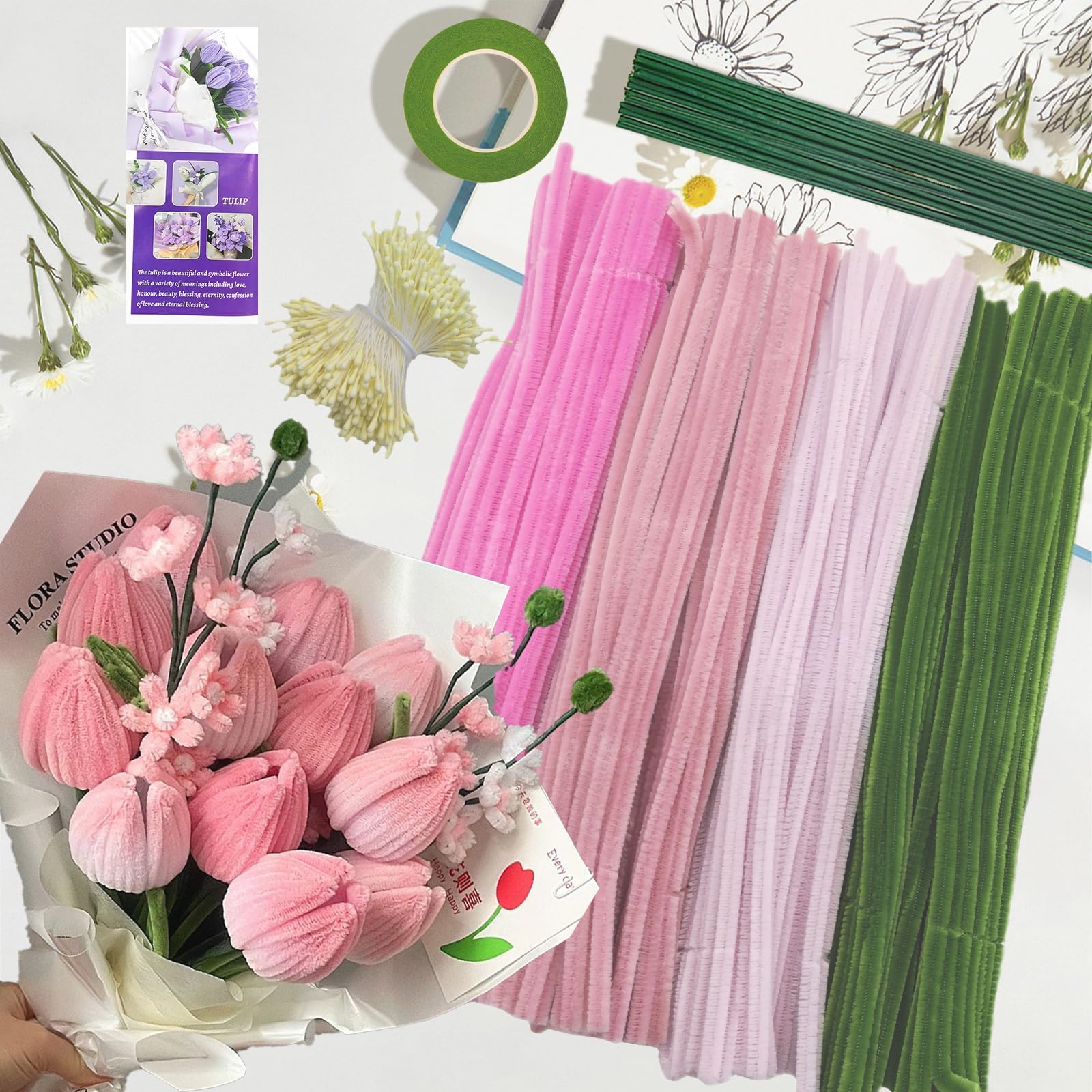 400 szt. Drut szenilowy Wypoczynek Kreatywny Pręt Gąsienicowy-różowy | Kwiaty Cure Rura Gąsienice DIY Cleaners Flower Cukierka do rur dla Diy Craft