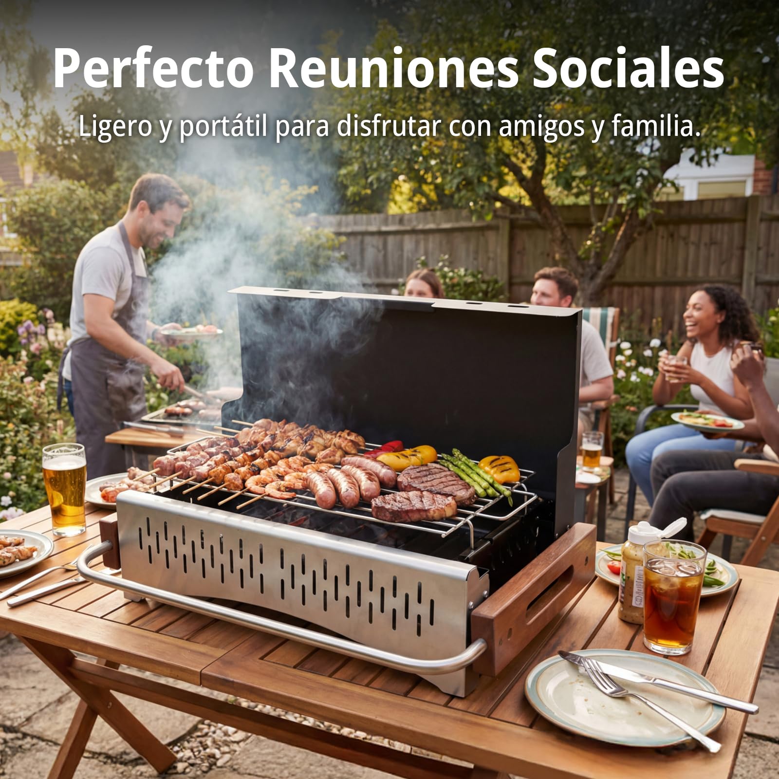 Barbacoa portátil carbón con kit de utensilios, parrilla plegable para camping y balcón, montaje rápido sin herramientas, doble altura, ideal 1–4 personas