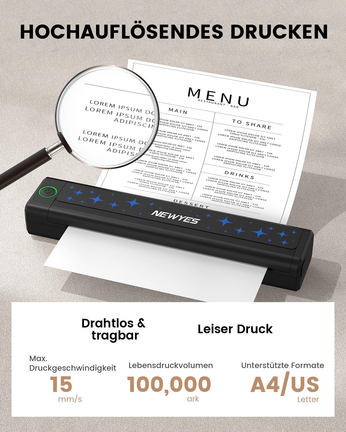 NEWYES Tragbarer A4 Thermodrucker, 203 DPI Ohne Tinte Bluetooth Drucker mit 2000mAh Akku für Unterwegs & Auto, Kompakt Reisedrucker Unterstützt iOS Android & Laptop, Mobiles Büro