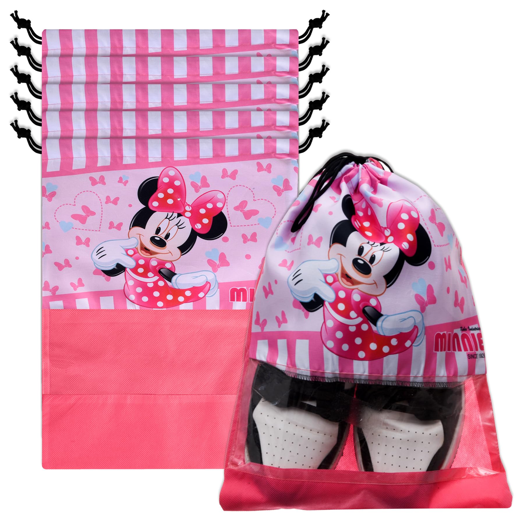 Kuber Industries Disney Minnie Schuhüberzug | Reise-Schuhaufbewahrungstaschen | Polyester-Aufbewahrungstasche | Schuhüberzug mit Kordelzug | Schuh-Organizer mit transparentem Fenster | 6 Stück | Rosa