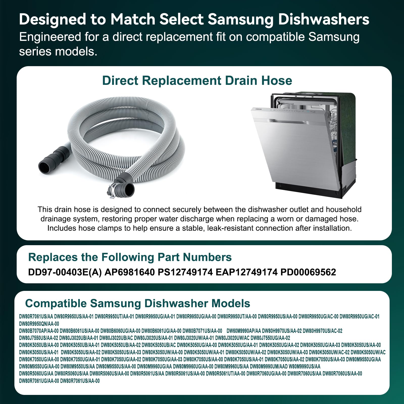 DD97-00403A Assy Manguera de desagüe, compatible con lavavajillas Samsung