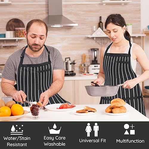 Miniatura 2 de Paquete de 2 delantales de cocina a rayas, talla grande, unisex, profesional, grande, con 3 bolsillos para cocinar, trabajar, hornear