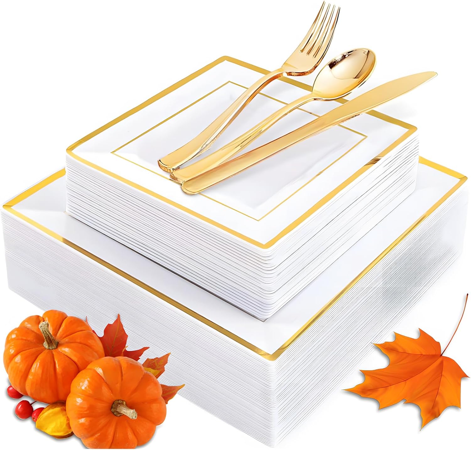 WDF 125pcs Gold Thanksgiving Plastic Plates Set - Fall Plastic Plates Gold Rimmed Dinner & Salad Plate, Silverware (25 Forks, Knives, Spoons) for Thanksgiving White and Gold Square