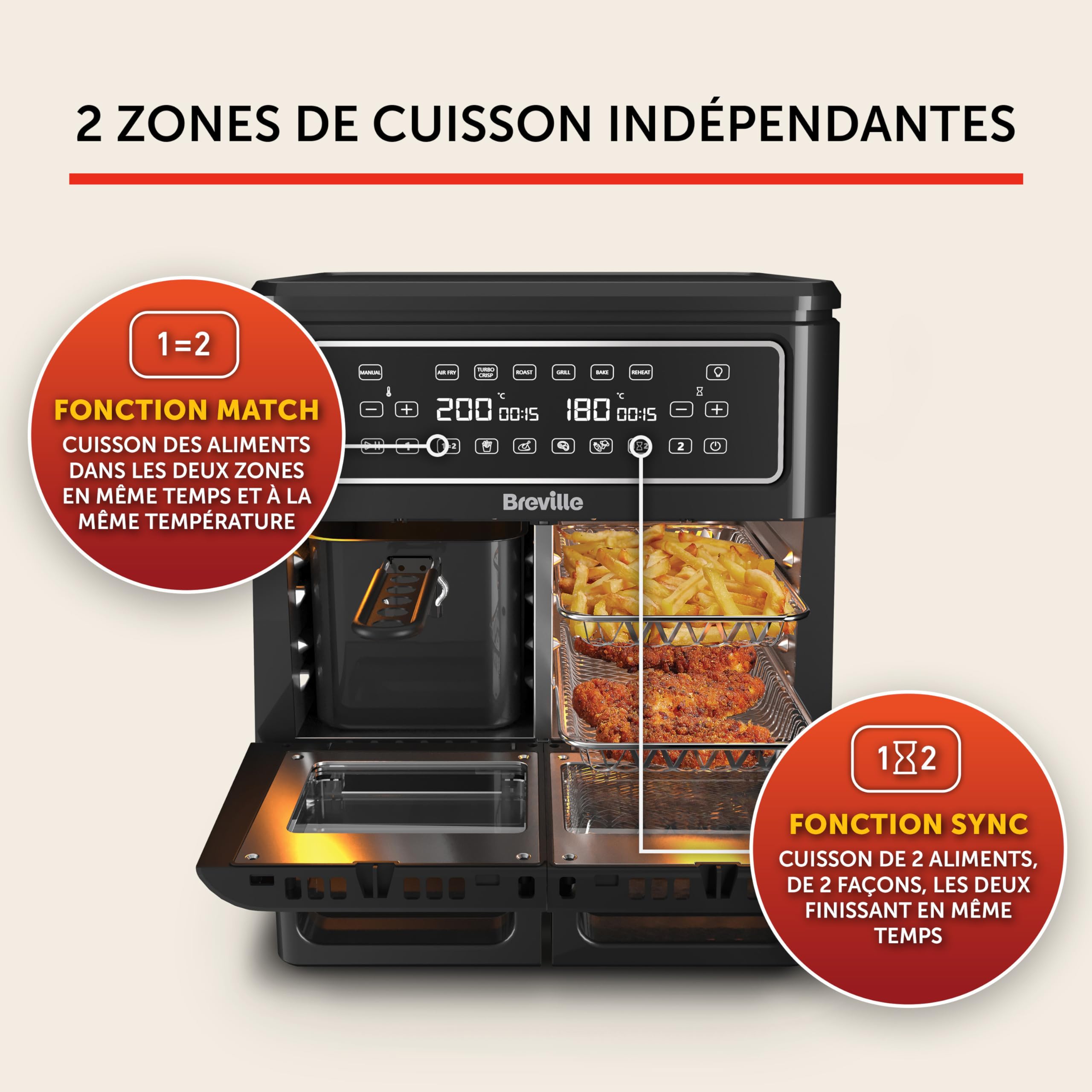 Breville Heißluftfritteuse Halo Flexi | Digitale Doppelkammer-Heißluftfritteuse | 11 l Air Fryer: Für mehr als 10 Personen | FrittierenBackenGrillenBratenRöstenAufwärmen | 2400 W [VDF130X]