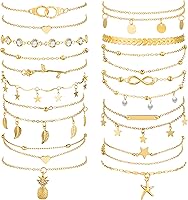 Hicarer 16PCS 14K Gold Anklets for Women - Boho Beach Ankle Bracelets Set, Adjustable Foot Chains, Waterproof Jewelry Gift