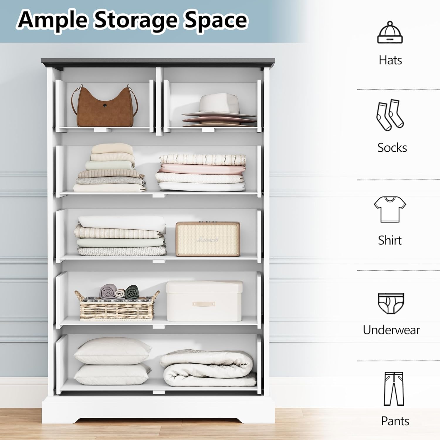 6 Drawer Dresser for Bedroom, 43" Tall Wooden Chest of Drawers, Rustic Farmhouse Dresser with Large Drawers & Metal Handles, Modern Storage Organizer for Closet, Living Room, Hallway, White - Image 4