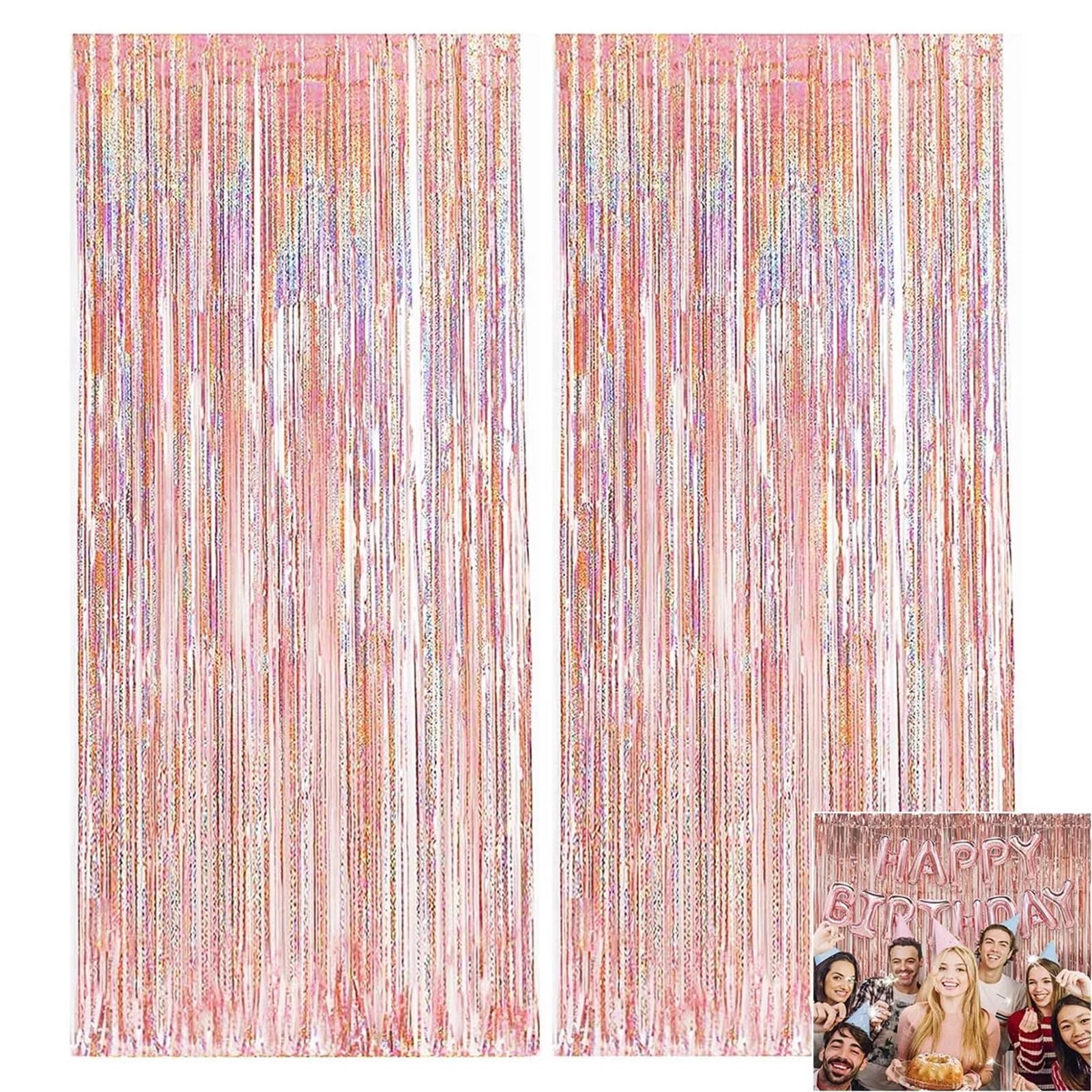 Rideau de guirlandes en Feuille métallique 2m, 4 pièces, décoration fête d'anniversaire Mariage for Fille, avec Pompon Fond