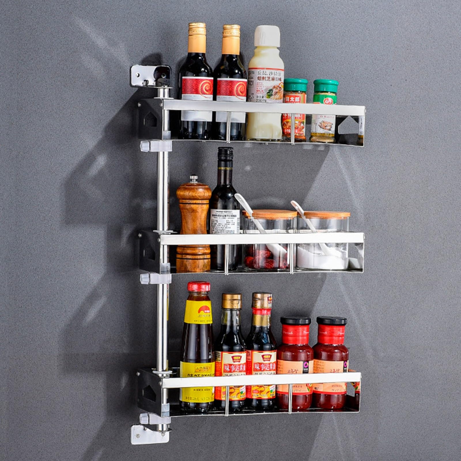 MYUYEE 3Tier Rotating Spice Rack Wall Mounted 180° Turntable Corner Shelf Stainless Steel Spice Organizer For Kitchen Bathroom