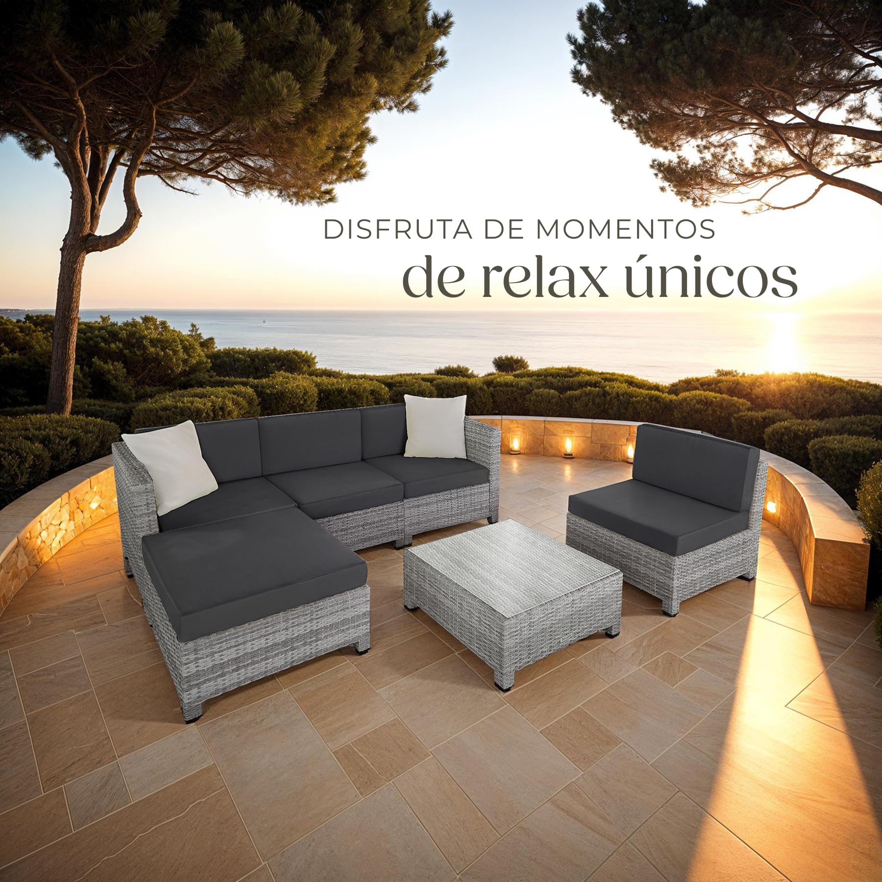 tectake® Conjunto Jardín de Ratán con Cojines y 2 Juegos de Fundas, Conjunto Terraza Resistente a la Intemperie, Muebles Jardín Exterior 4 Sillones, 1 Mesa, 1 Puf, con Tornillos en Acero - Gris Claro