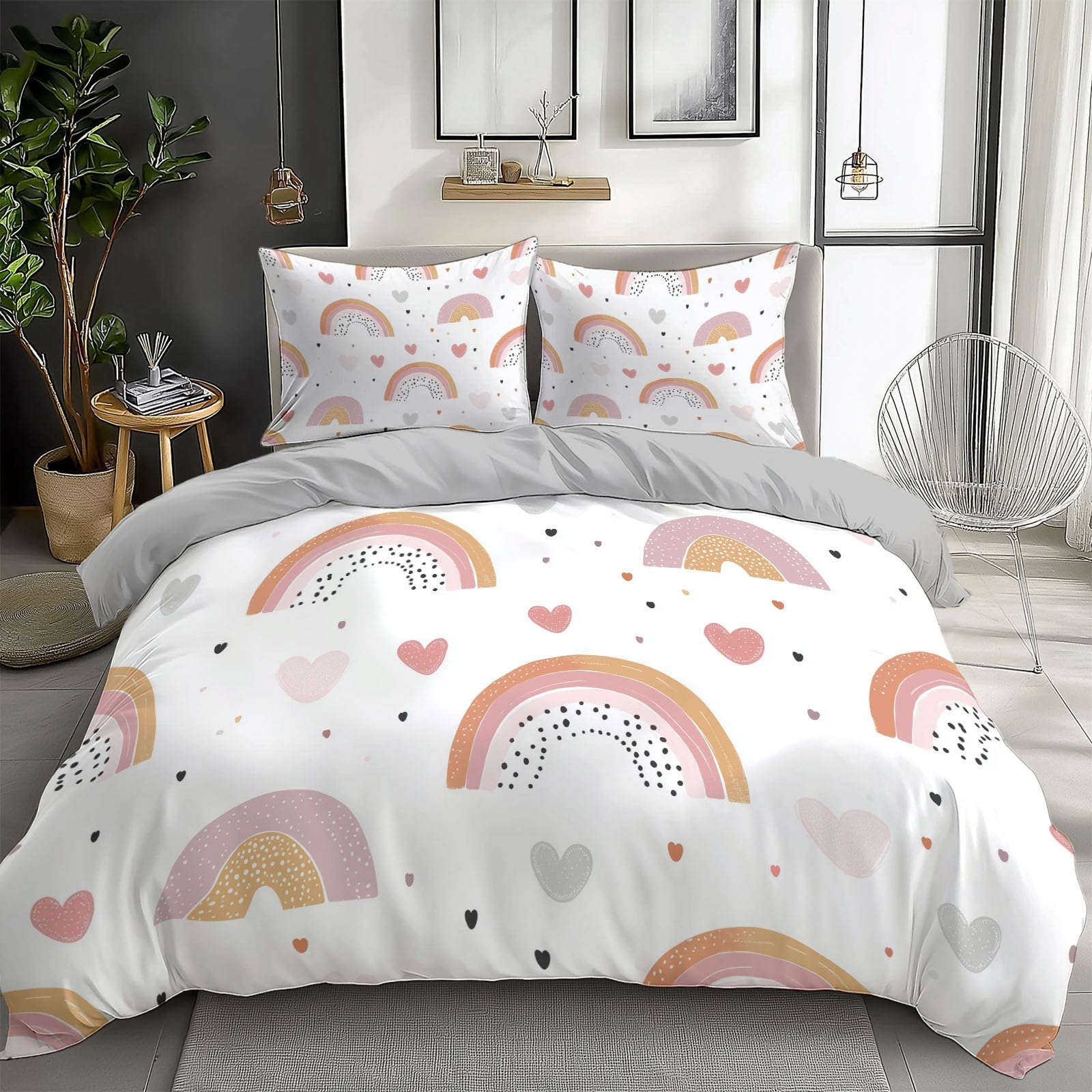 Duvet Cover King Size Cartoon Rainbow Love Reversible 3 Pieces Duvet Cover Set, Bedding Set for All Season, Soft and Breathable Bedding Set with Zipper Closure