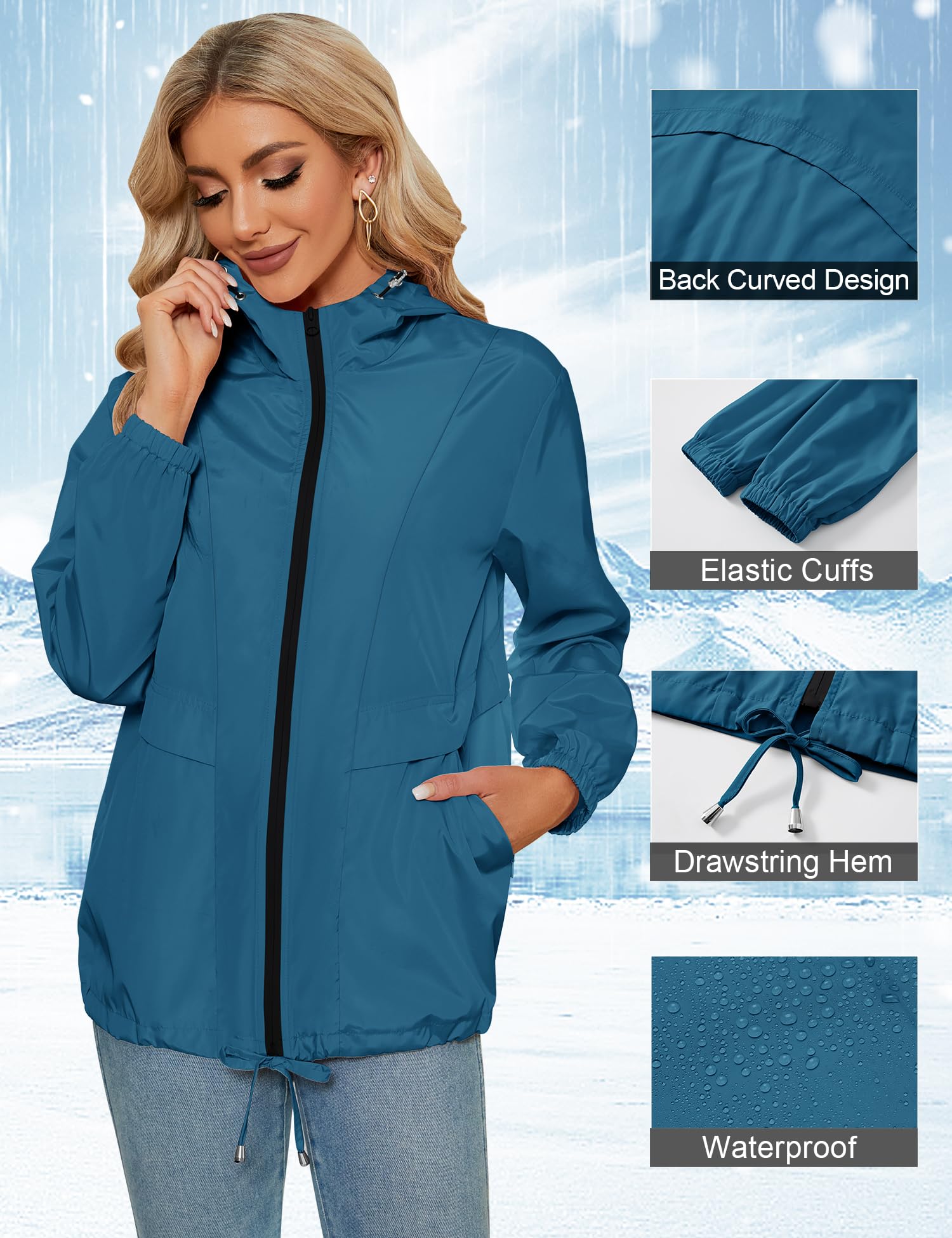 Tisfeer - Impermeabile da donna con cappuccio, leggero, antivento, ripiegabile, giacca a vento con cappuccio