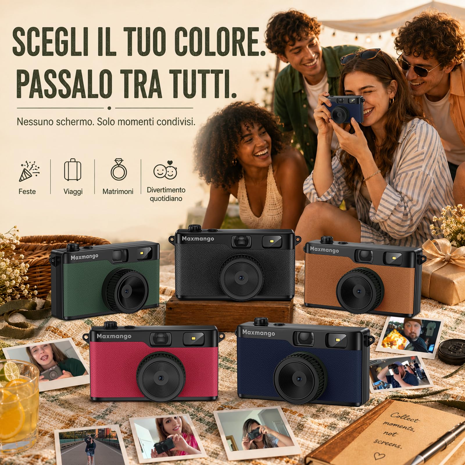Maxmango D53 Fotocamera Digitale Compatta Senza Schermo, Fotocamera Vintage Retro 12 MP Catturare Momenti Reali, Filtri DIY Scaricabili, USB-C, Scheda SD da 8 GB Inclusa, Fino a 4000 Foto (Marrone)