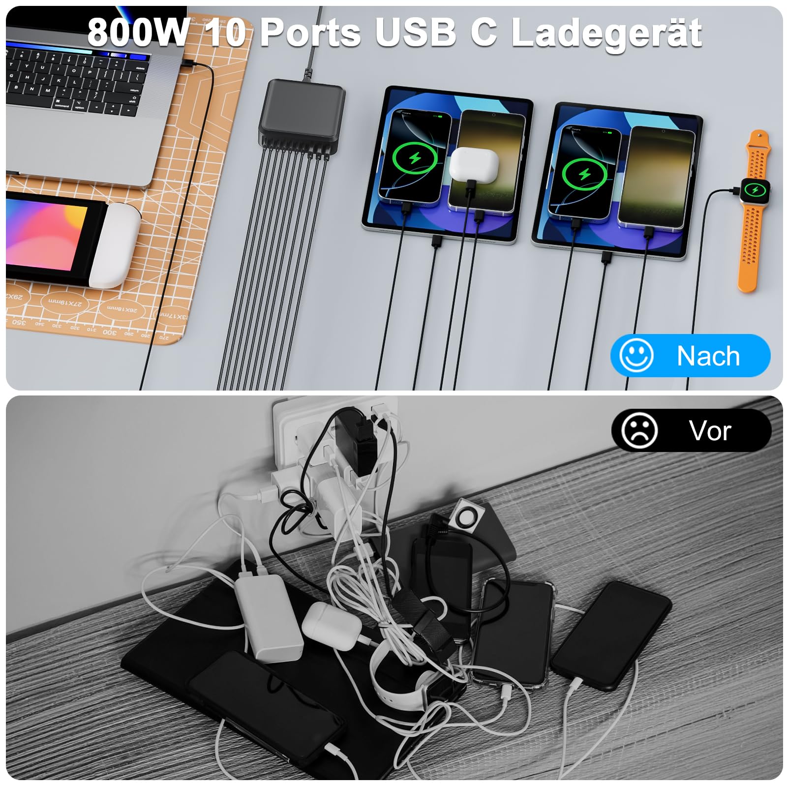 800w USB C Ladegerät Mehrfach, GaN V 10 Ports USB Ladegerät Mehrfach, 800w 10-Port Schnellladegerät Kompatibel mit MacBook Pro/Air, iPad Pro/Air, iPhone, Android etc