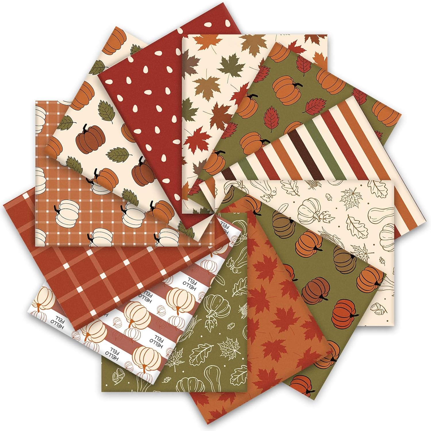 Whaline 12Pcs Boho Fall Cotton Fabric Bundles Pumpkin Maple Leaf Plaid Fat Quarters Green Brown Thanksgiving Quilting Patchwork for DIY Sewing Craft Decor, 18 x 22 Inch