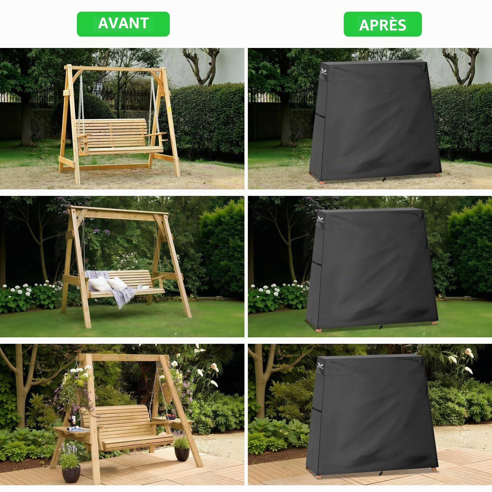 Housse de Balancelle Étanche Anti-UV 600D Oxford，168x124/25x168cm | Résistante aux intempéries, protection contre pluie, neige, poussière, avec cordon de serrage et fixation coupe-vent