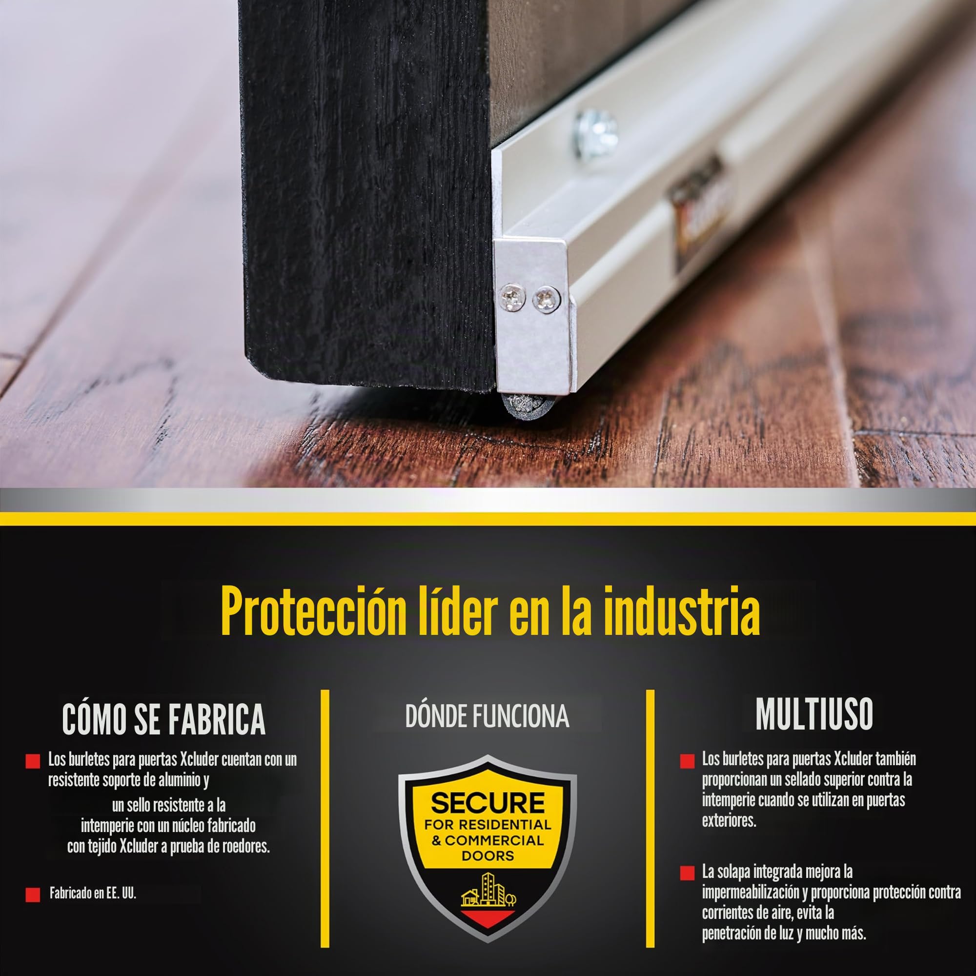 Xcluder Barrido de puerta de perfil bajo, aluminio, sella roedores y plagas, sellado mejorado contra la intemperie, fácil de instalar; sello de puerta protector de roedores; barrido de puerta a prueba
