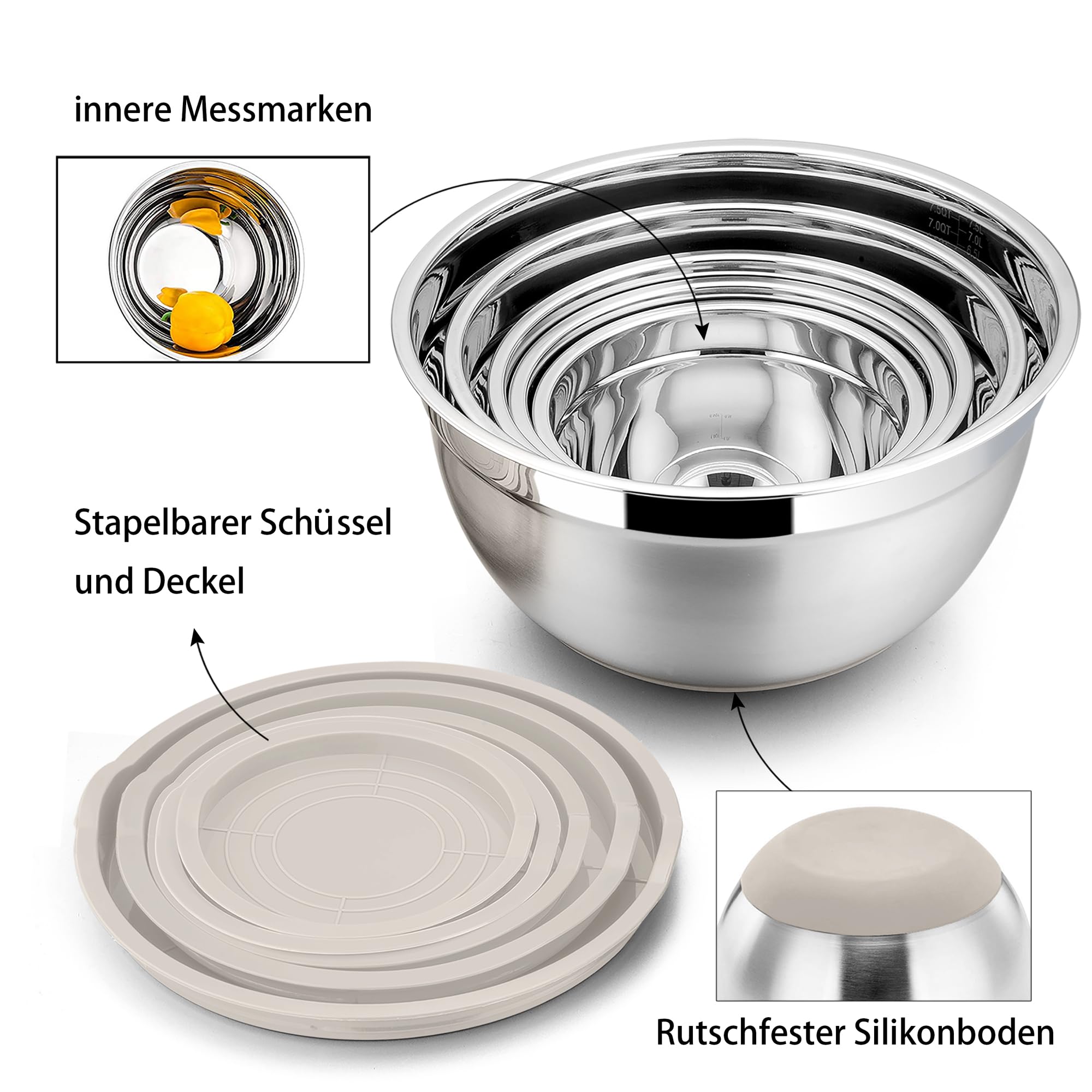 Set 7 Ciotole In Acciaio Inox Con Coperchio - Impilabili, Da 0.7 A 6.5 Litri, Multifunzione Per Cucina - Foto 8
