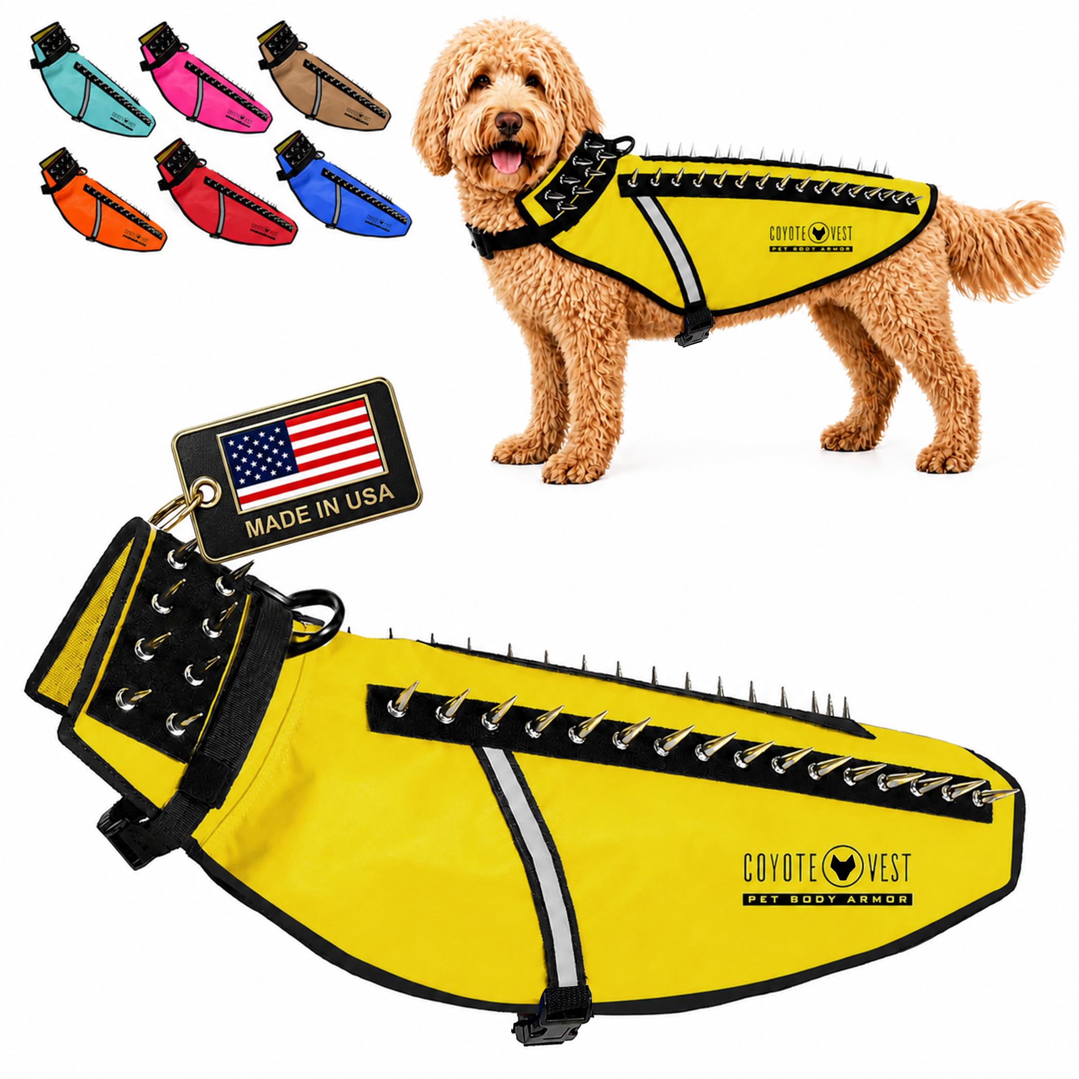 CoyoteVest Dog Harness Protection Vest, Reflective Dog Accessories with Spikes to Shield Your Pet from Raptor and Animal Attacks, Proudly Made in America (Large, Yellow)