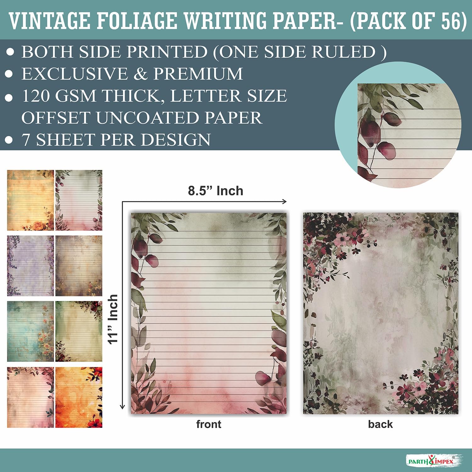 PARTH IMPEX 56 Sheets Vintage Lined Writing Paper 8.5x11 - Letter Size Ruled Stationery Rustic Old Looking Letterhead Printer Paper - 120gsm Thick Decorative Colored Antique Aged Foliage Design Vintage Foliage image 2 of 9 B0DSG37ZQ2