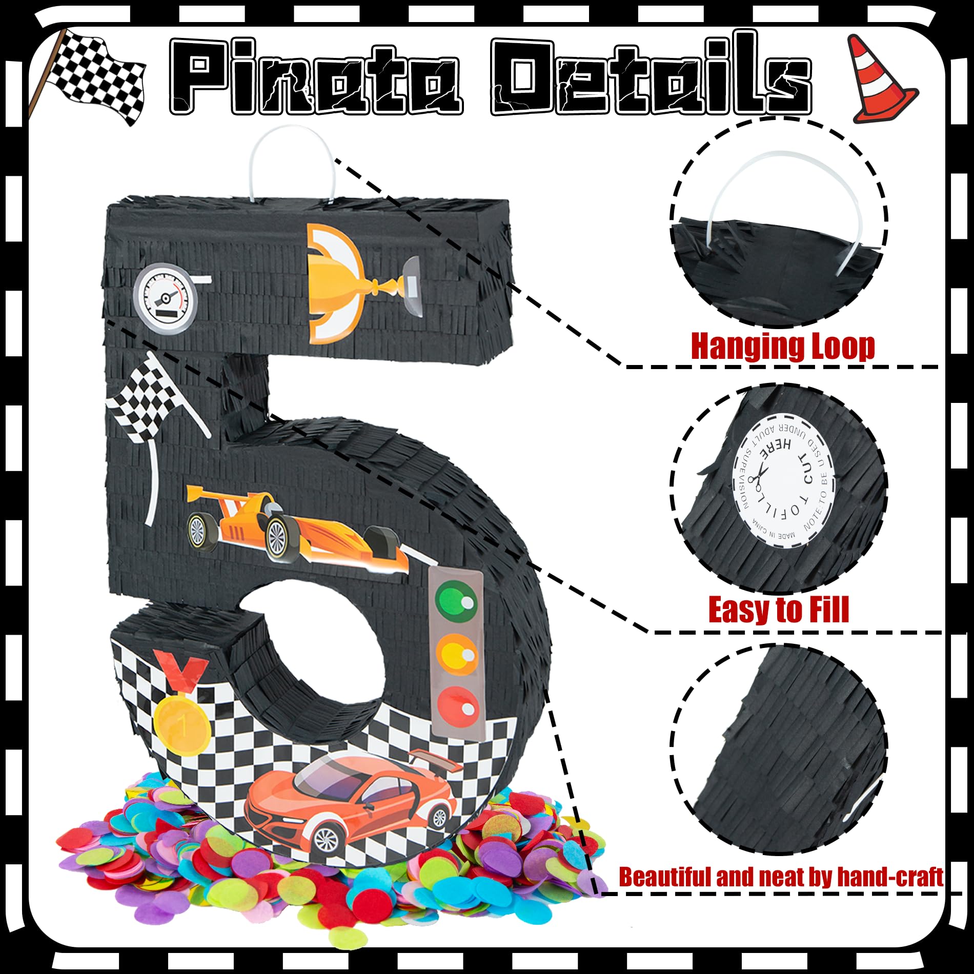 PCFING Piñata de coche de carreras número 5 de 20 pulgadas con palo de piñata de 30 pulgadas, confeti para niños, niñas, adultos, carreras, decoraciones de fiesta de cumpleaños, celebración de