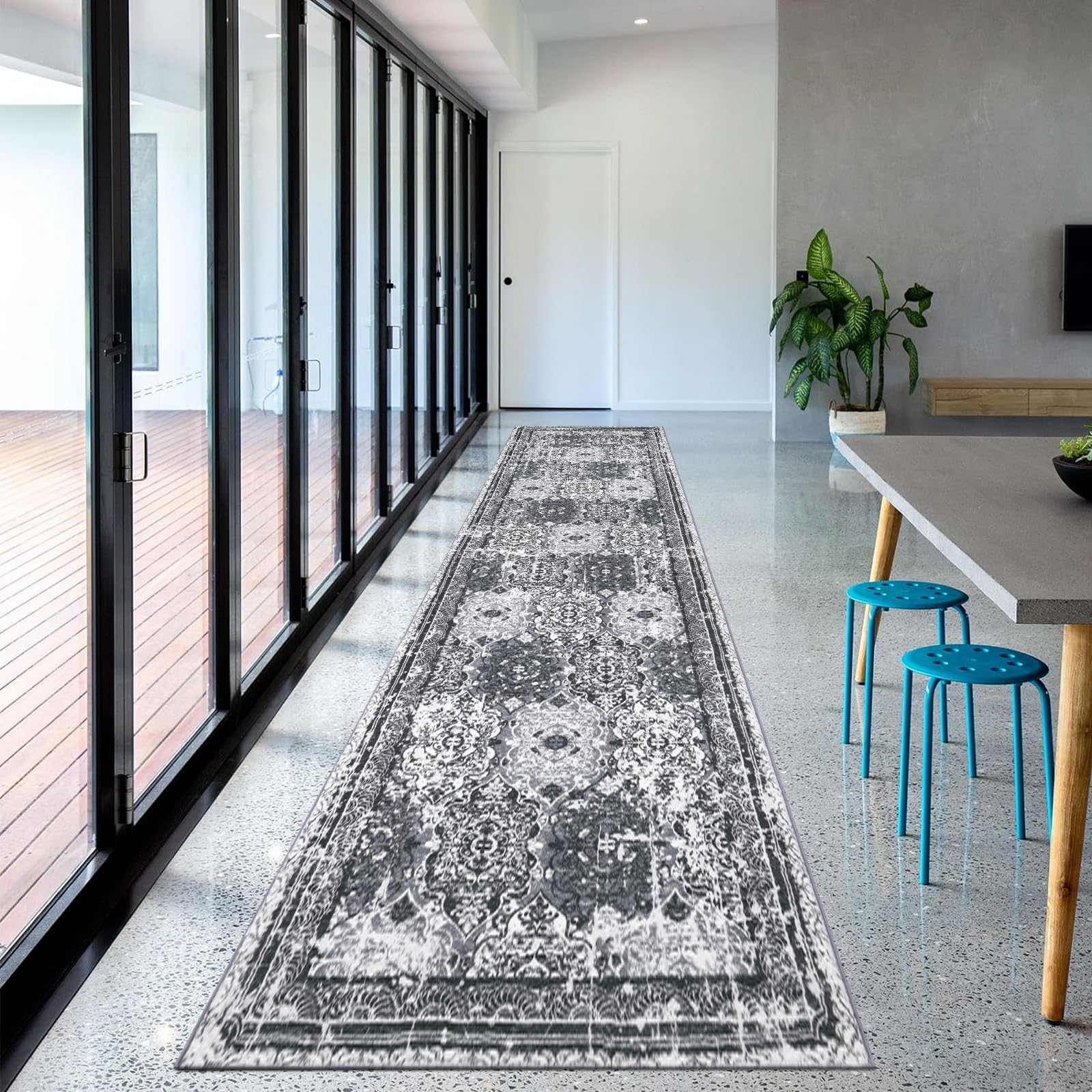 Enyhom Teppich Läufer 80 x 300cm Boho rutschfest Langer Vintage Boho Teppich Küche Hochwertig Läufer Flur Waschbar Flauschig Weich Läufer für Eingang Wohnzimmer, Dunkelgrau