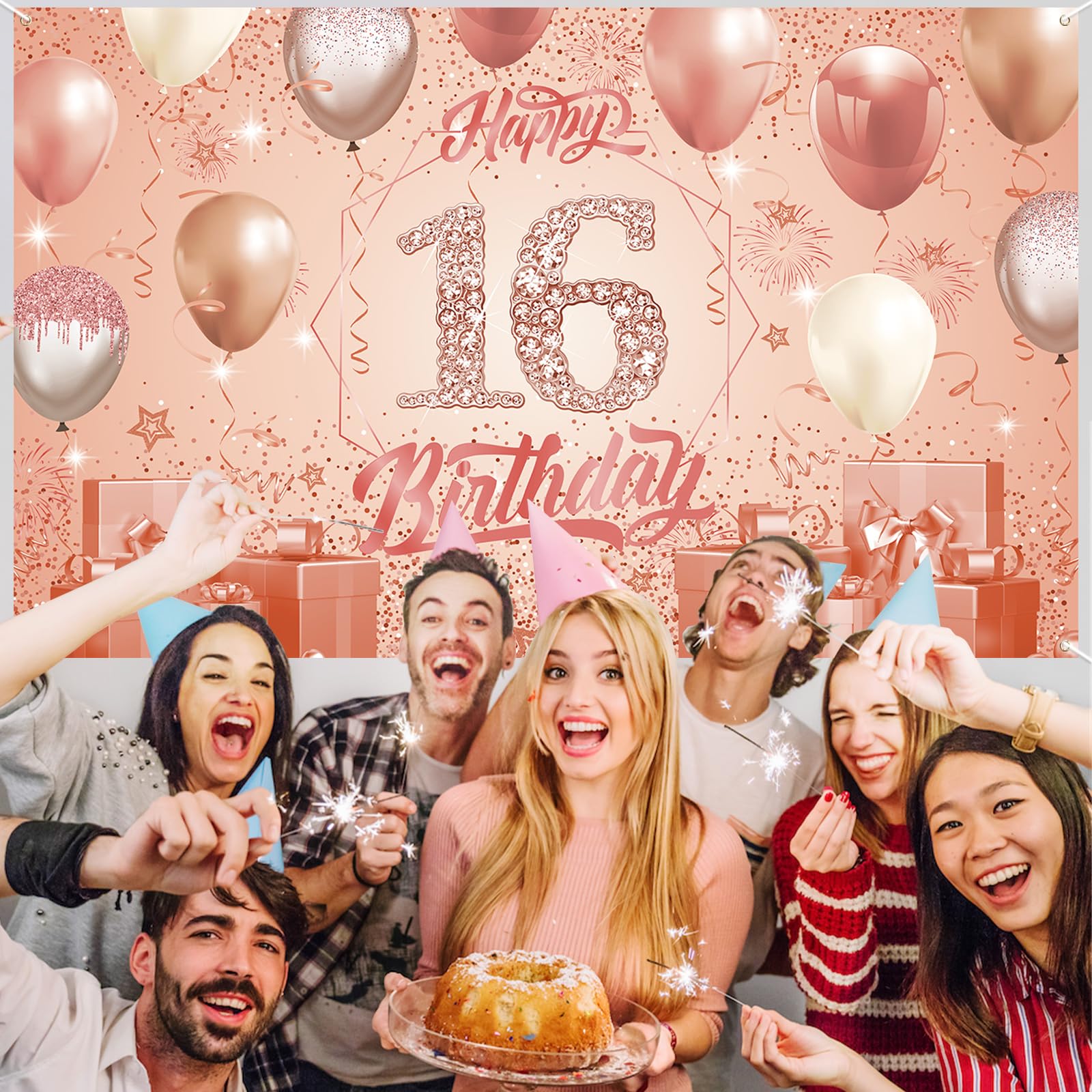 Striscione Di Buon Compleanno Per 16 Anni - Decorazioni Per Feste Di 16 Anni Per Ragazze O Ragazzi Oro Rosa 4 X 6 Piedi~p113988590