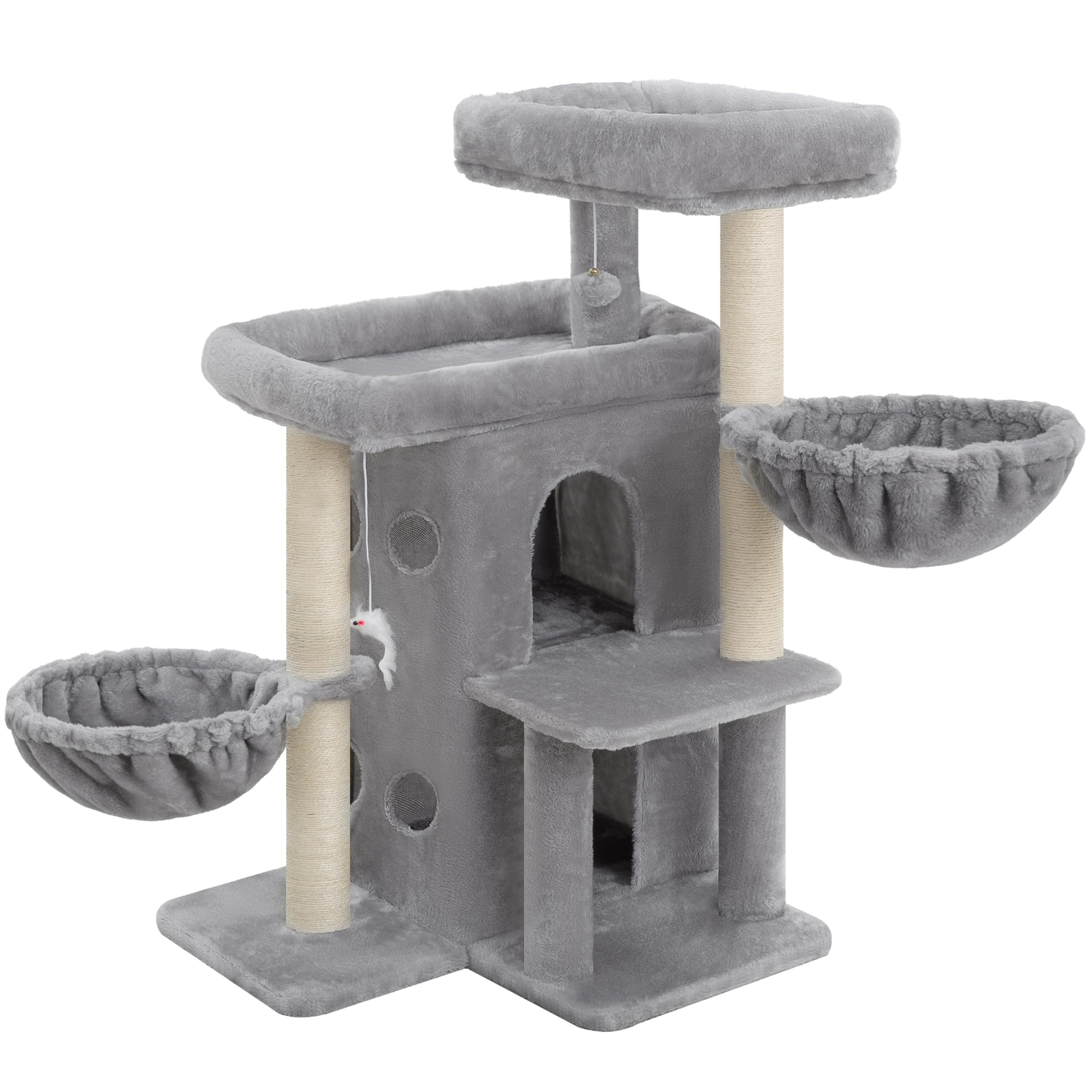 Heybly Árbol para Gatos 105 cm con 2 Plataformas y 2 Cestas Gris Claro | multinivel torre,2 plataformas,cueva doble,2 cestas,felpa suave,postes de sisal,para interiores y varios gatos HCT075W