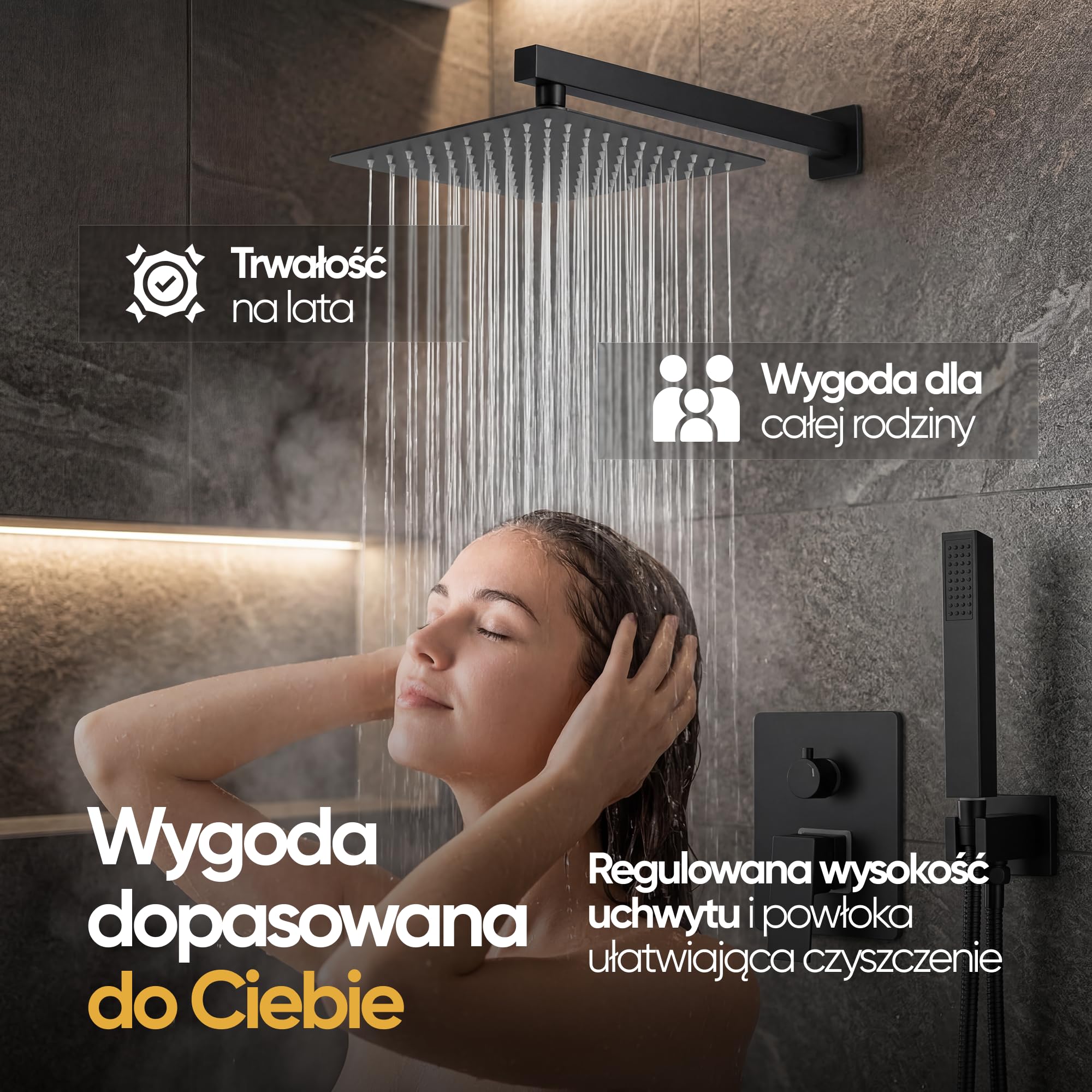 Granitan LUNA Drążek prysznicowy system prysznicowy: Deszczownica 25 cm, głowica prysznicowa z wężem i baterią mieszającą - nowoczesny zestaw prysznicowy - chrom - prostokątny