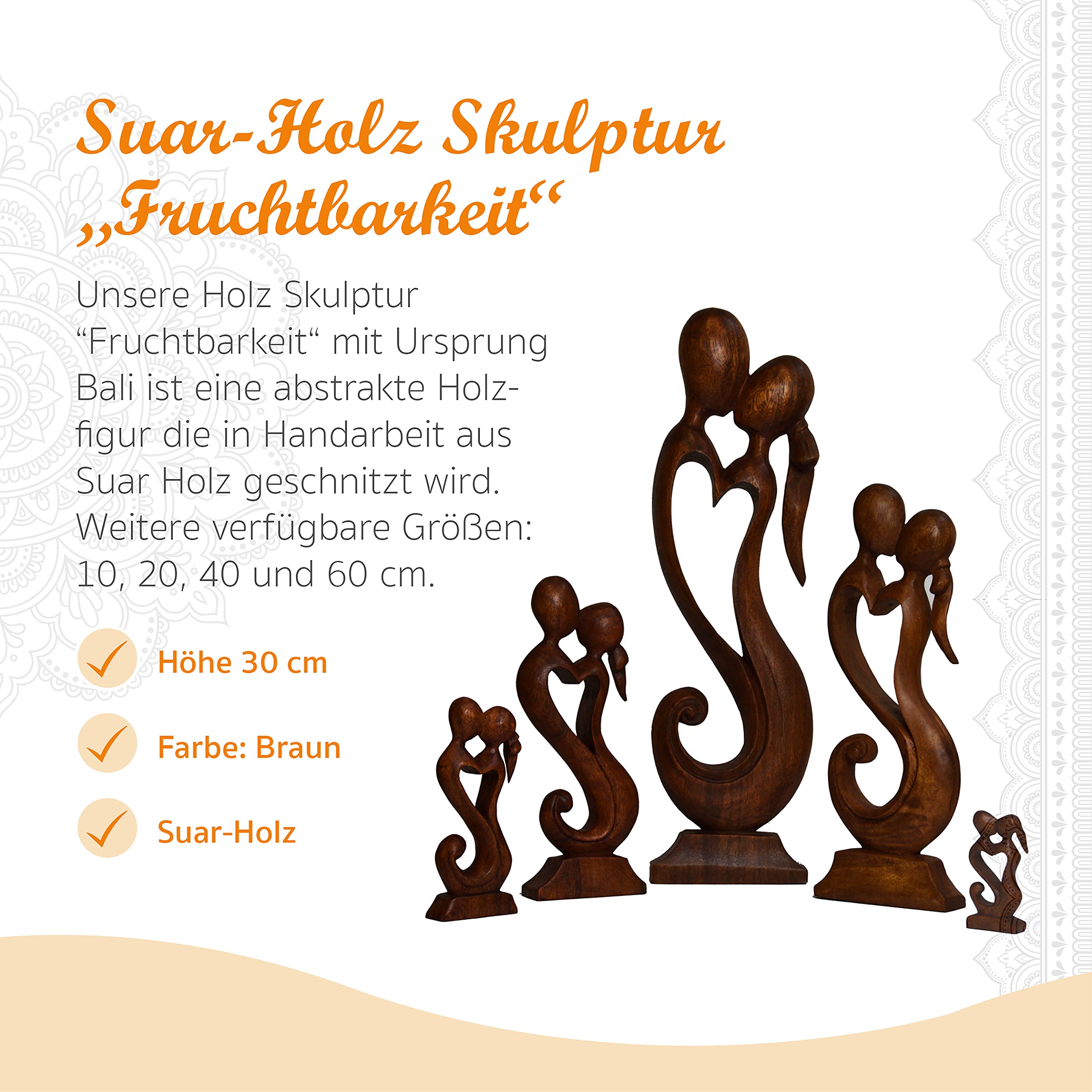 Simandra Holz-Skulptur Fruchtbarkeit, 30 cm I Handgeschnitzte Dekofigur aus schnell nachwachsendem Suar-Holz I Hochzeit, Verlobung etc. I Herkunft: Bali