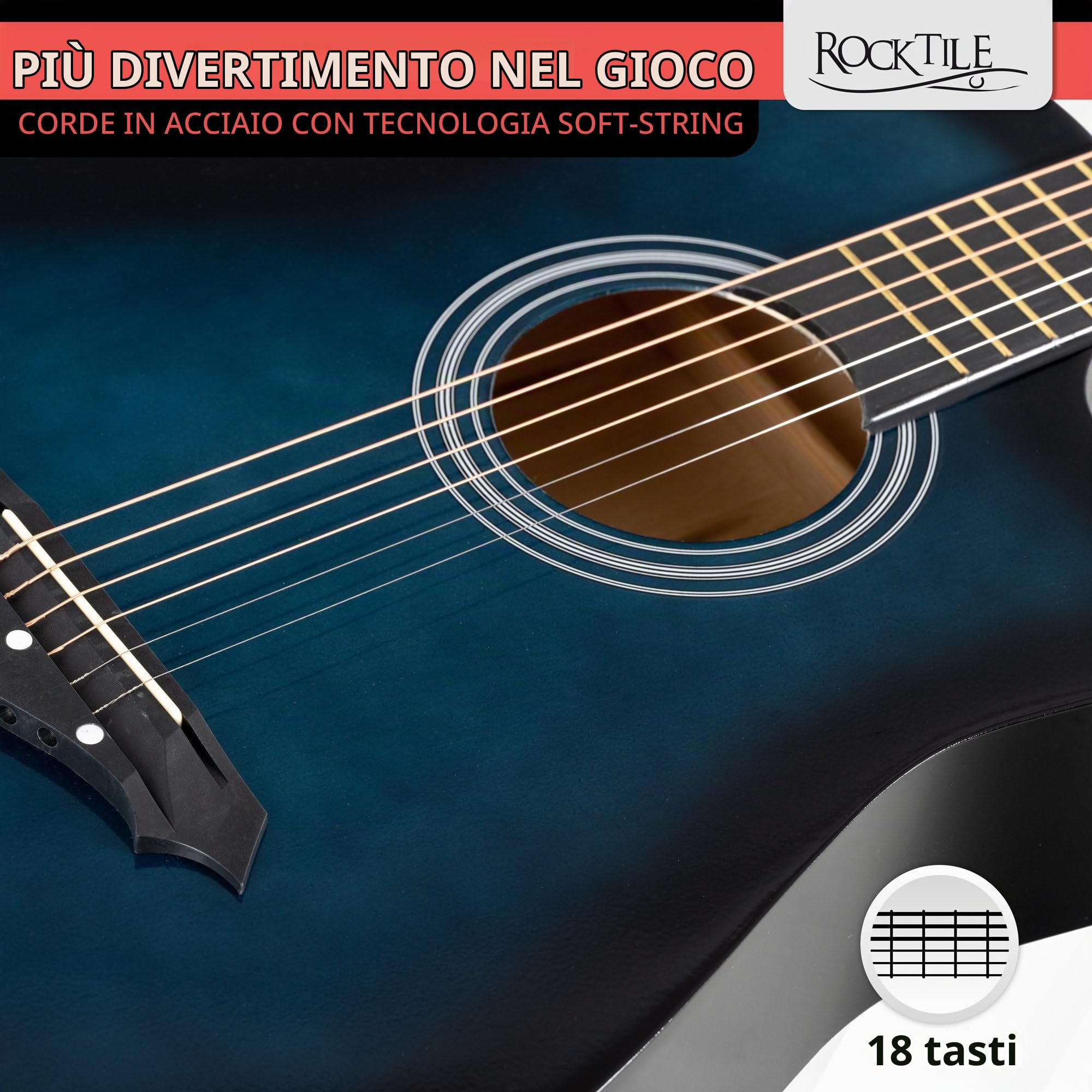 Rocktile WSD-5C-BUB Slim Line Set Chitarra Western Blueburst, Generale | Modello: WSD-5C-BUB, Peso: 1, 4 kg, Lunghezza totale: 95 cm, Numero di corde: 6, Orientamento: Destrimano, Corpo, Top: Tiglio