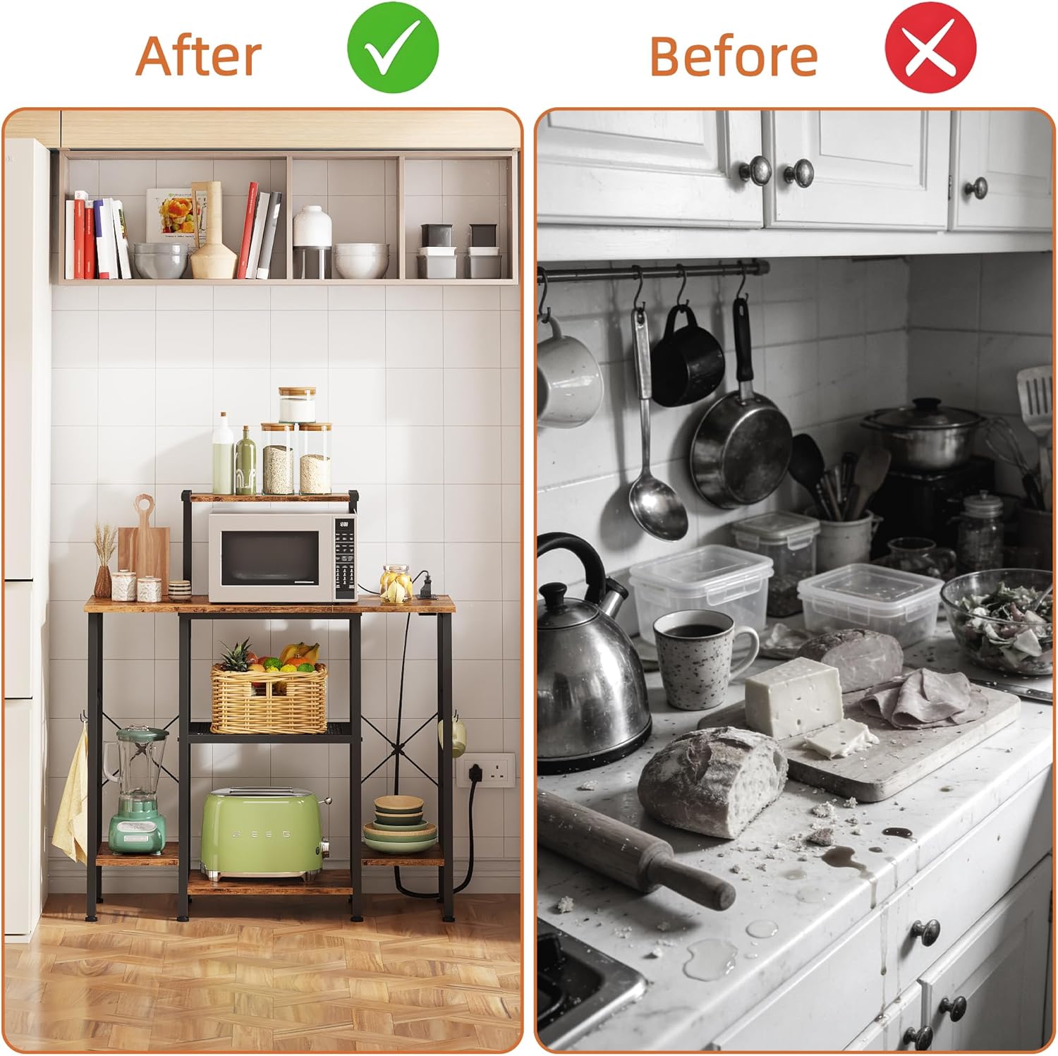 Bakers Rack with Power Outlet, Coffee Bar with 4 Hooks, 6 Tiers Microwave Stand with Storage, Freestanding Kitchen Appliance Organizer for Spices, Pots, Rustic Brown, 32" W