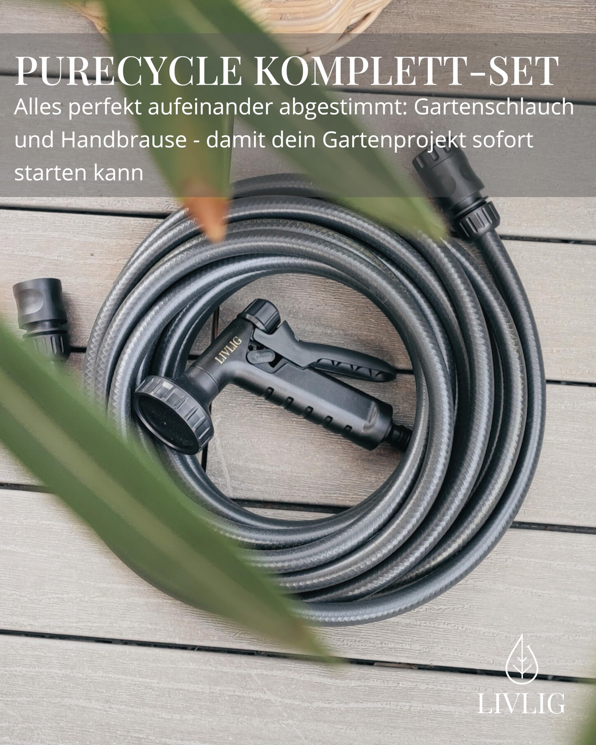 LIVLIG Gartenschlauch 30m im Set, Schwarzer Gartenschlauch aus 85% Recyclingmaterial, Wasserschlauch mit Gartenbrause & 1/2 Zoll Schlauchanschluss, PureCycle