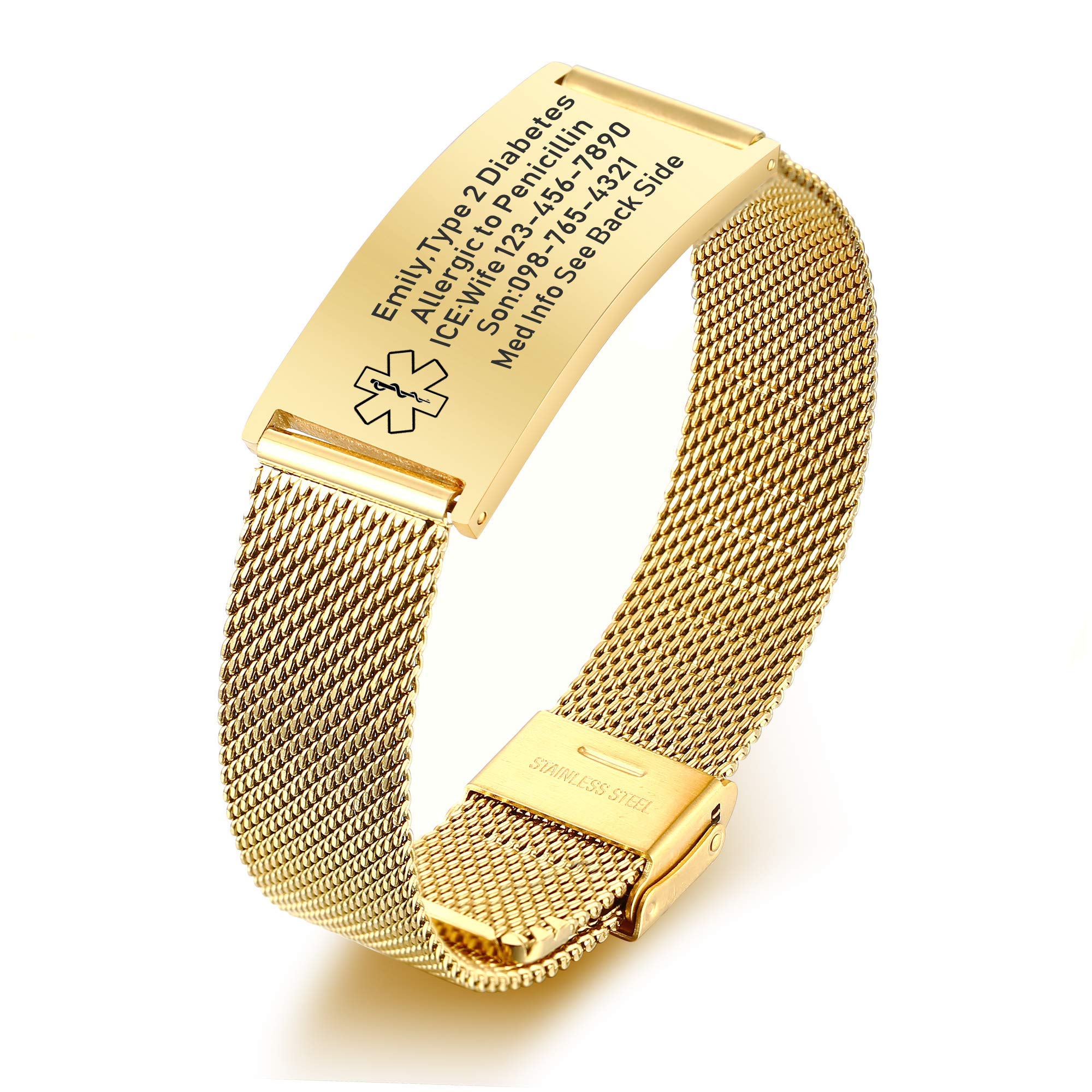 VNOX Medical Alert Bracelets for Men &amp; Women Kids with Free Engraving Adjustable Stainless Steel Mesh Emergency Medical ID Bracelets Wristband
