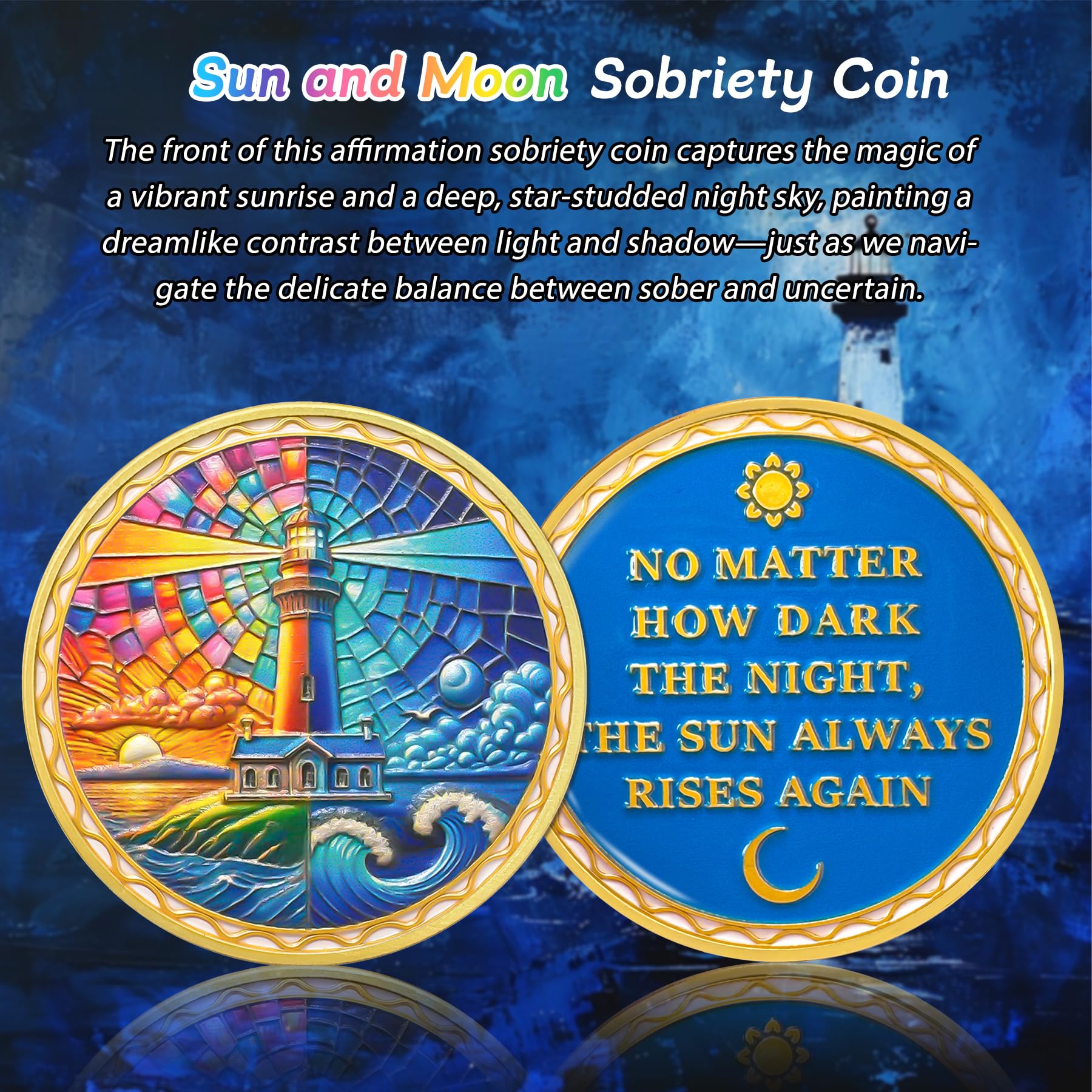 Sonne und Mond Leuchtturm Nüchternheit Münze – Recovery Addiction Ocean AA Münzen – Affirmation NA AA Chips und Medaillons – Feiern Sie Living Clean Narcotics Alcoholics Anonyme Geschenke für Männer