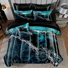Bedorm Blue Marble Comforter Set King Silky Satin Bed in A Bag Black Marble Stone Abstract Texture Silk Like Black Satin Bedding Set with Comforter and Sheet Set