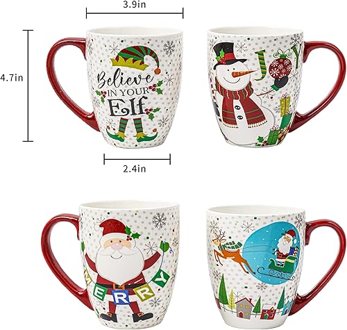 Miniatura 7 de Topadorn Taza de café de Navidad Taza de cerámica Taza de té de porcelana de Navidad para fiesta de Navidad, 18 onzas, juego de 4